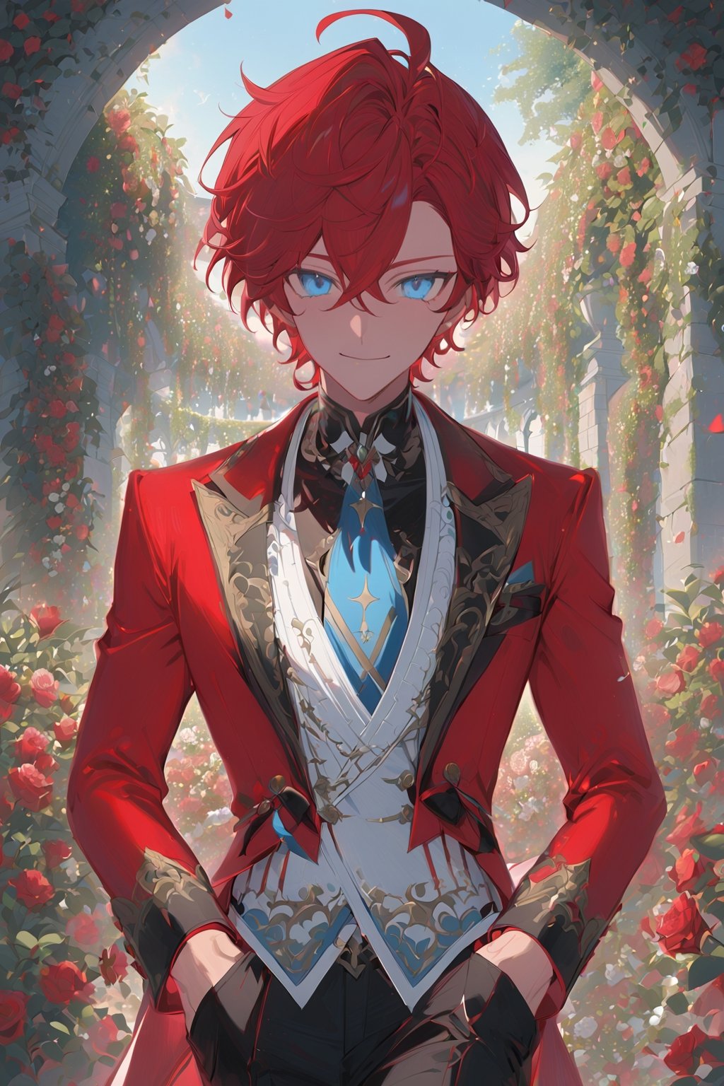 1 boy, alone, short hair, red hair, wavy hair, pixie cut, open forehead, ahoge, pale blue eyes, smile, red suit, red jacket, white vest, black shirt, black pants, blue tie, decorated clothes, light perfect, rose garden, niji5, cowboy shot