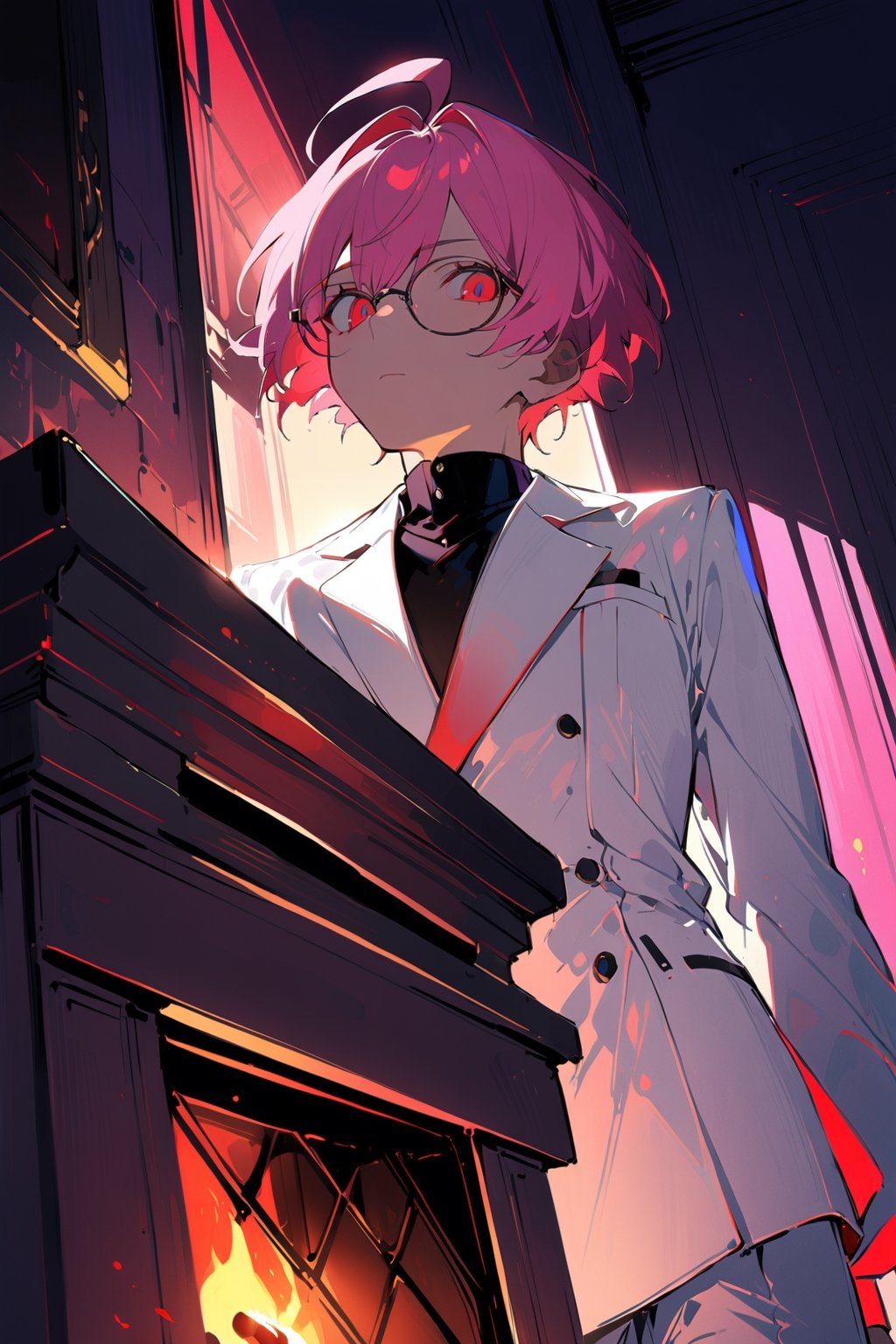 1 boy, alone, ((short hair)), pink hair, bangs, ahoge, red eyes, expressionless, glasses, white suit, white jacket, black shirt, white pants, decorated clothes, perfect light, fireplace, from below