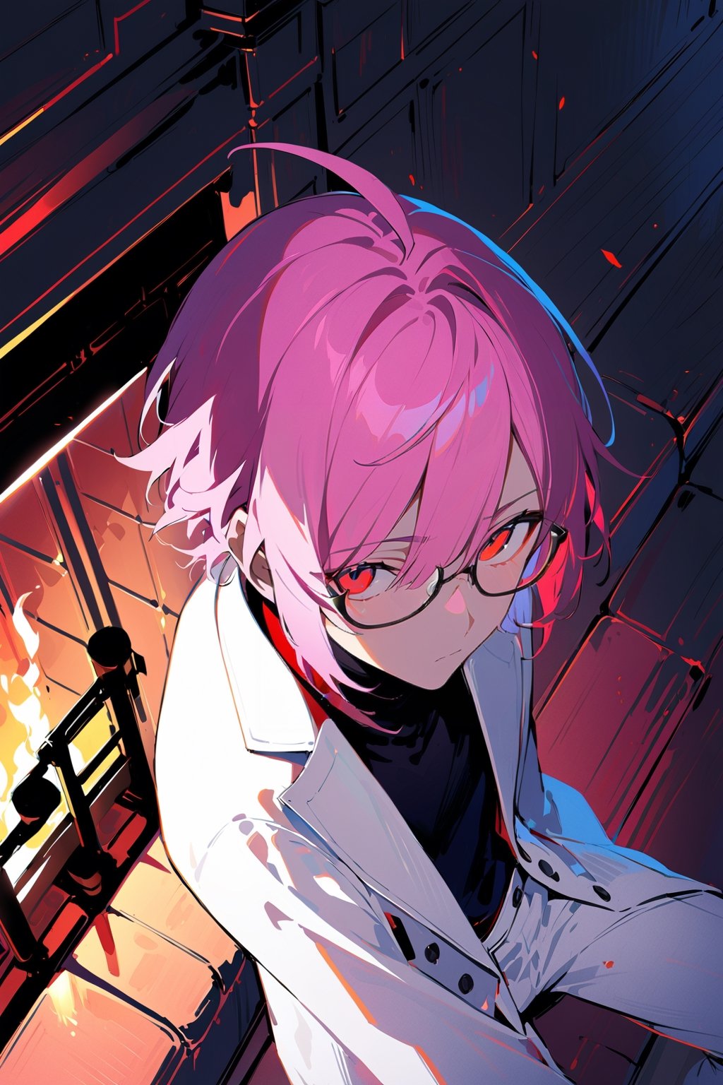 1 boy, alone, ((short hair)), pink hair, bangs, ahoge, red eyes, expressionless, glasses, white suit, white jacket, black shirt, white pants, decorated clothes, perfect light, fireplace, from above