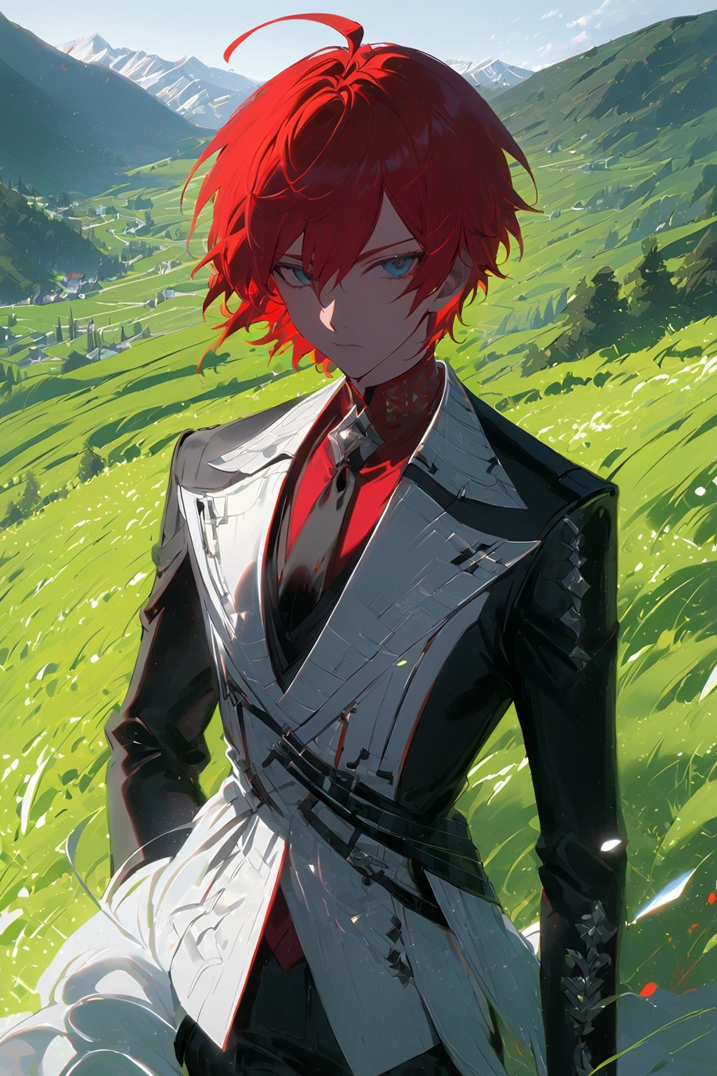 1 boy, alone, short hair, red hair, pixie cut, bangs, ahoge, gray eyes, expressionless, black suit, black tie, black jacket, white vest, red shirt, black pants, white gloves, decorated clothes, perfect light, hills, green grass,niji5