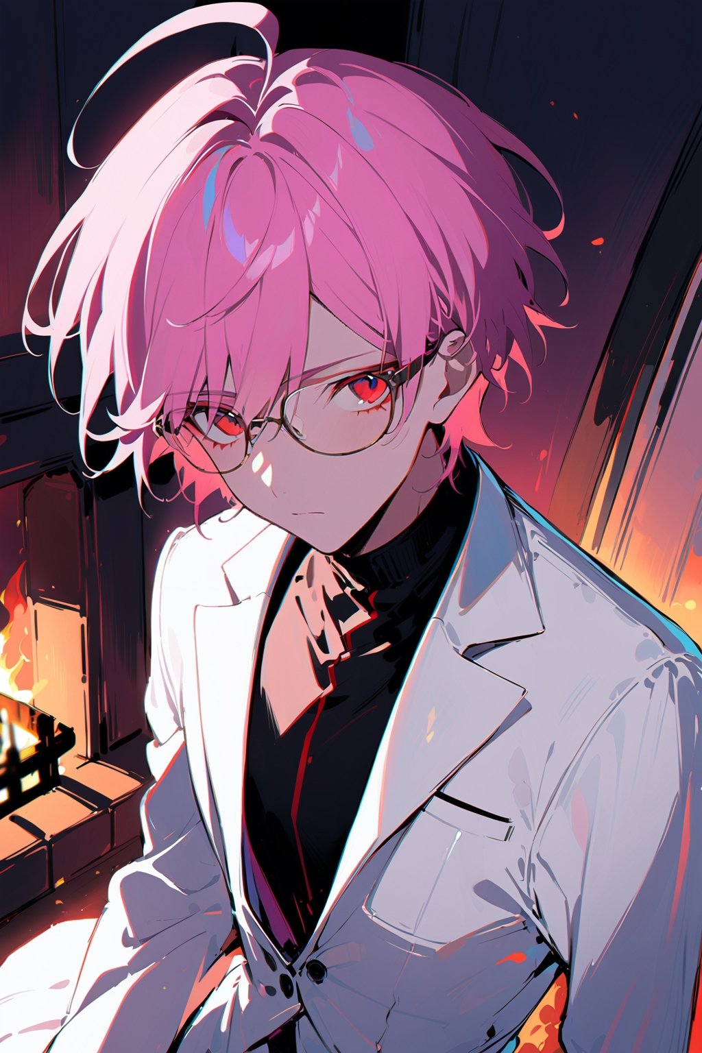 1 boy, alone, ((short hair)), pink hair, bangs, ahoge, red eyes, expressionless, glasses, white suit, white jacket, black shirt, white pants, decorated clothes, perfect light, fireplace