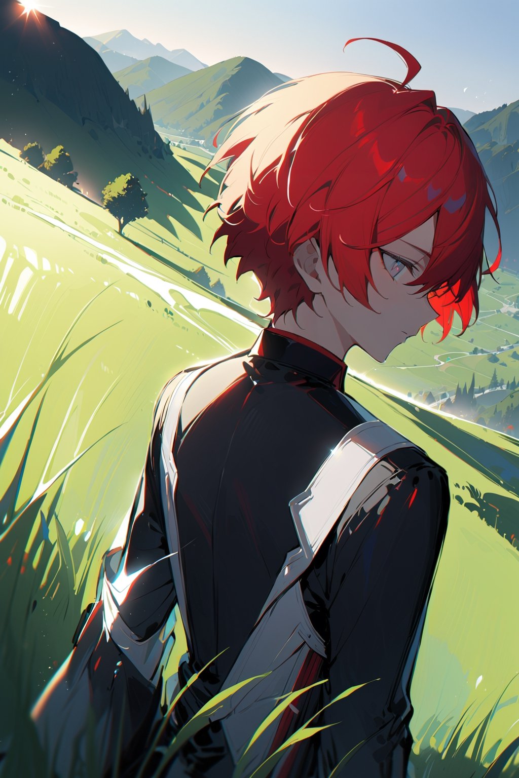 1 boy, alone, short hair, red hair, pixie cut, bangs, ahoge, gray eyes, expressionless, black suit, black tie, black jacket, white vest, red shirt, black pants, white gloves, decorated clothes, perfect light, hills, green grass