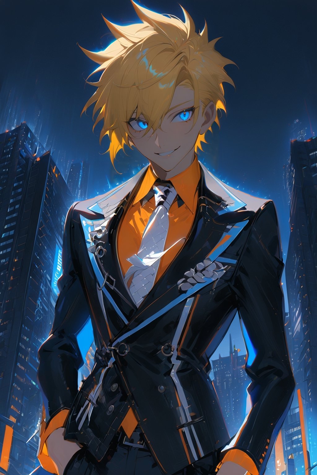 1 boy, alone, short hair, blonde hair, spiked hair, pixie cut, bangs, pale blue eyes, smile, black suit, black jacket, white vest, orange shirt, black pants, white tie, decorated clothes, perfect light, city , at night, niji5, cowboy shot