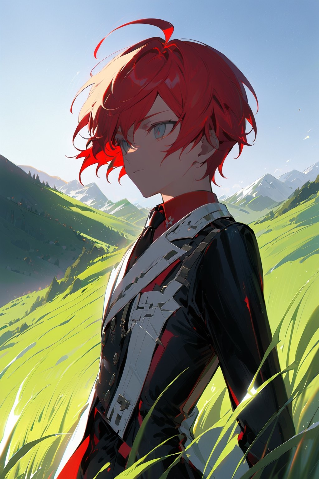 1 boy, alone, short hair, red hair, pixie cut, bangs, ahoge, gray eyes, expressionless, black suit, black tie, black jacket, white vest, red shirt, black pants, white gloves, decorated clothes, perfect light, hills, green grass,niji5, from below