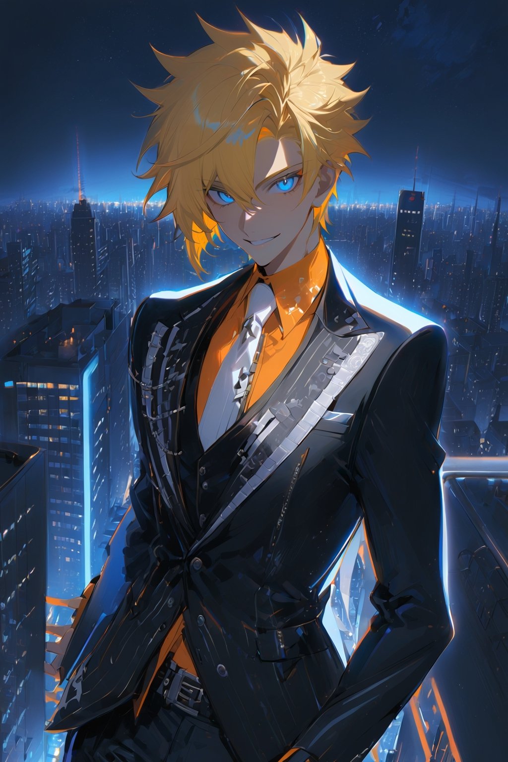 1 boy, alone, short hair, blonde hair, spiked hair, pixie cut, bangs, pale blue eyes, smile, black suit, black jacket, white vest, orange shirt, black pants, white tie, decorated clothes, perfect light, city , at night, niji5, cowboy shot