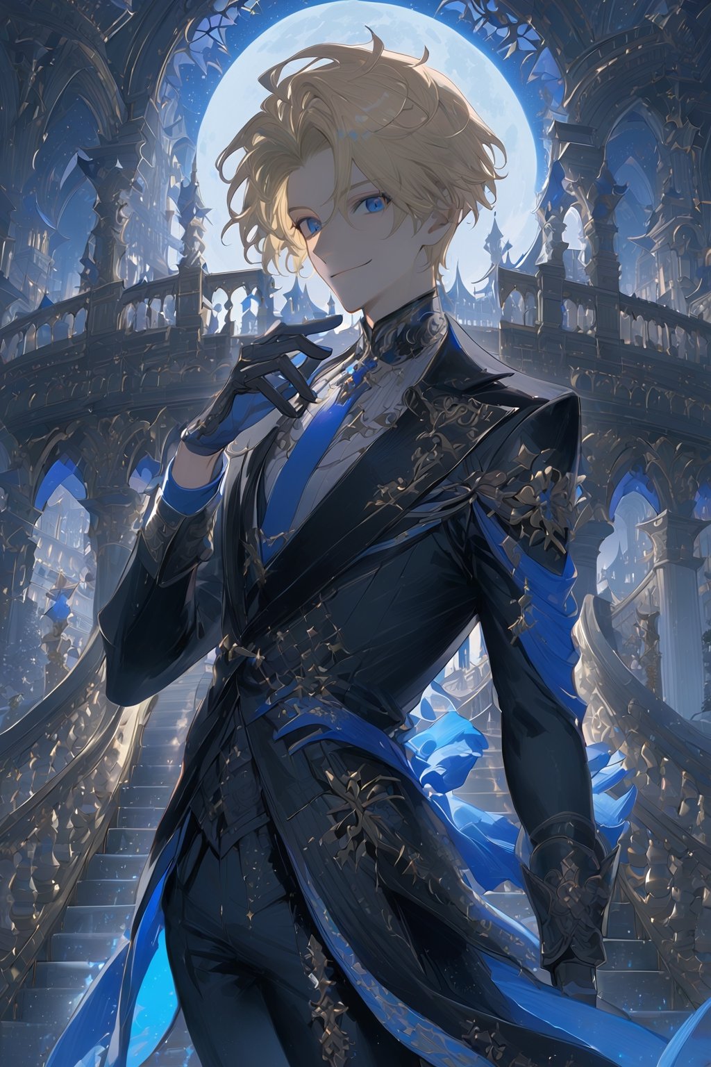 1 boy, alone, short hair, pale blonde hair, pixie cut, hair open forehead, dark blue eyes, smile, black suit, blue tie, black jacket, gray vest, white shirt, black pants, gray gloves, decorated clothing, light perfect, palace, night city, moon, niji5, cowboy shot