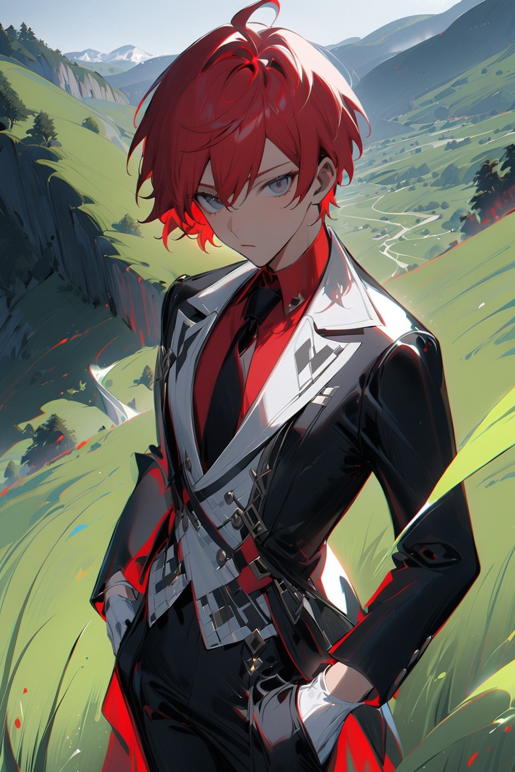 1 boy, alone, short hair, red hair, pixie cut, bangs, ahoge, gray eyes, expressionless, black suit, black tie, black jacket, white vest, red shirt, black pants, white gloves, decorated clothes, perfect light, hills, green grass,niji5