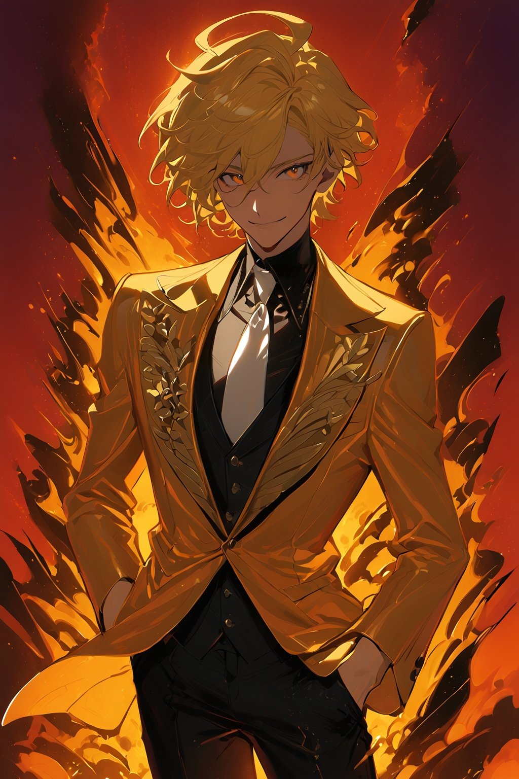 1 boy, alone, short hair, blonde hair, wavy hair, pixie cut, bangs, ahoge, orange eyes, smile, gold suit, gold jacket, black vest, black shirt, black pants, white tie, decorated clothes, perfect light, red sky, niji5, cowboy shot