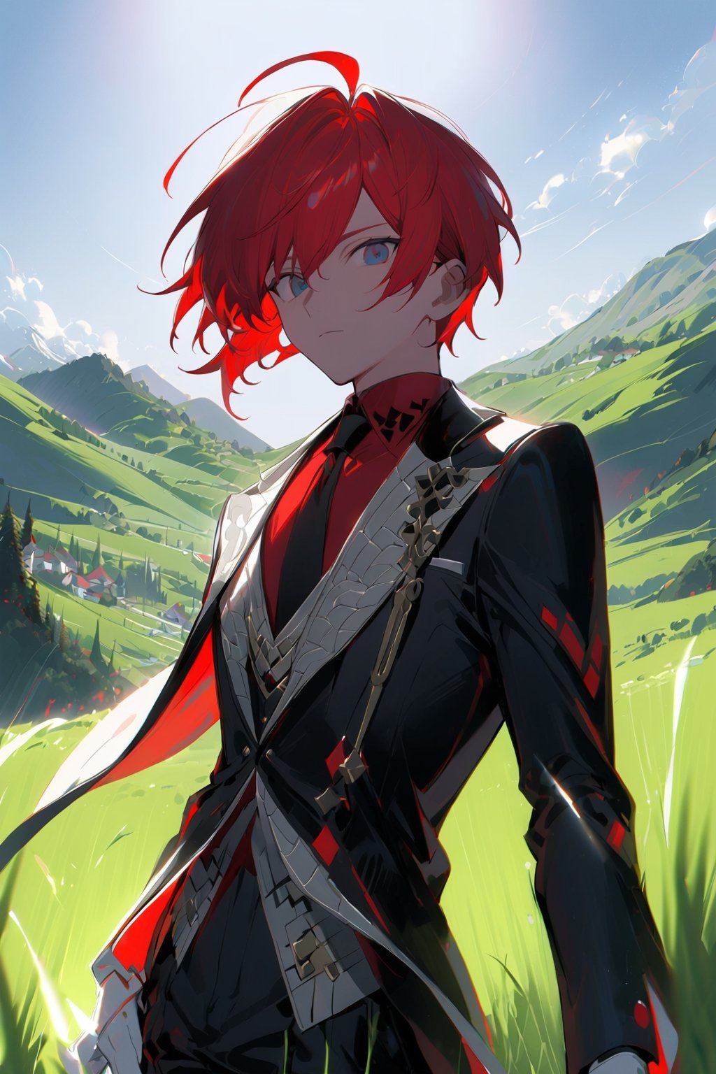 1 boy, alone, short hair, red hair, pixie cut, bangs, ahoge, gray eyes, expressionless, black suit, black tie, black jacket, white vest, red shirt, black pants, white gloves, decorated clothes, perfect light, hills, green grass,niji5, from below