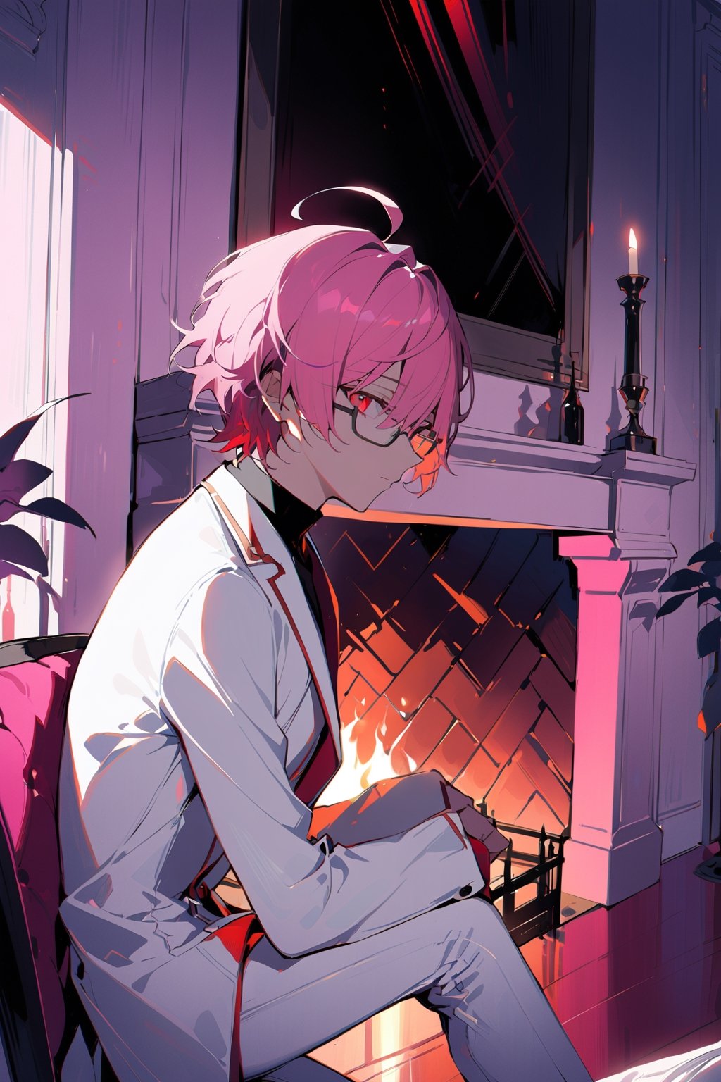 1 boy, alone, ((short hair)), pink hair, bangs, ahoge, red eyes, expressionless, glasses, white suit, white jacket, black shirt, white pants, decorated clothes, perfect light, fireplace