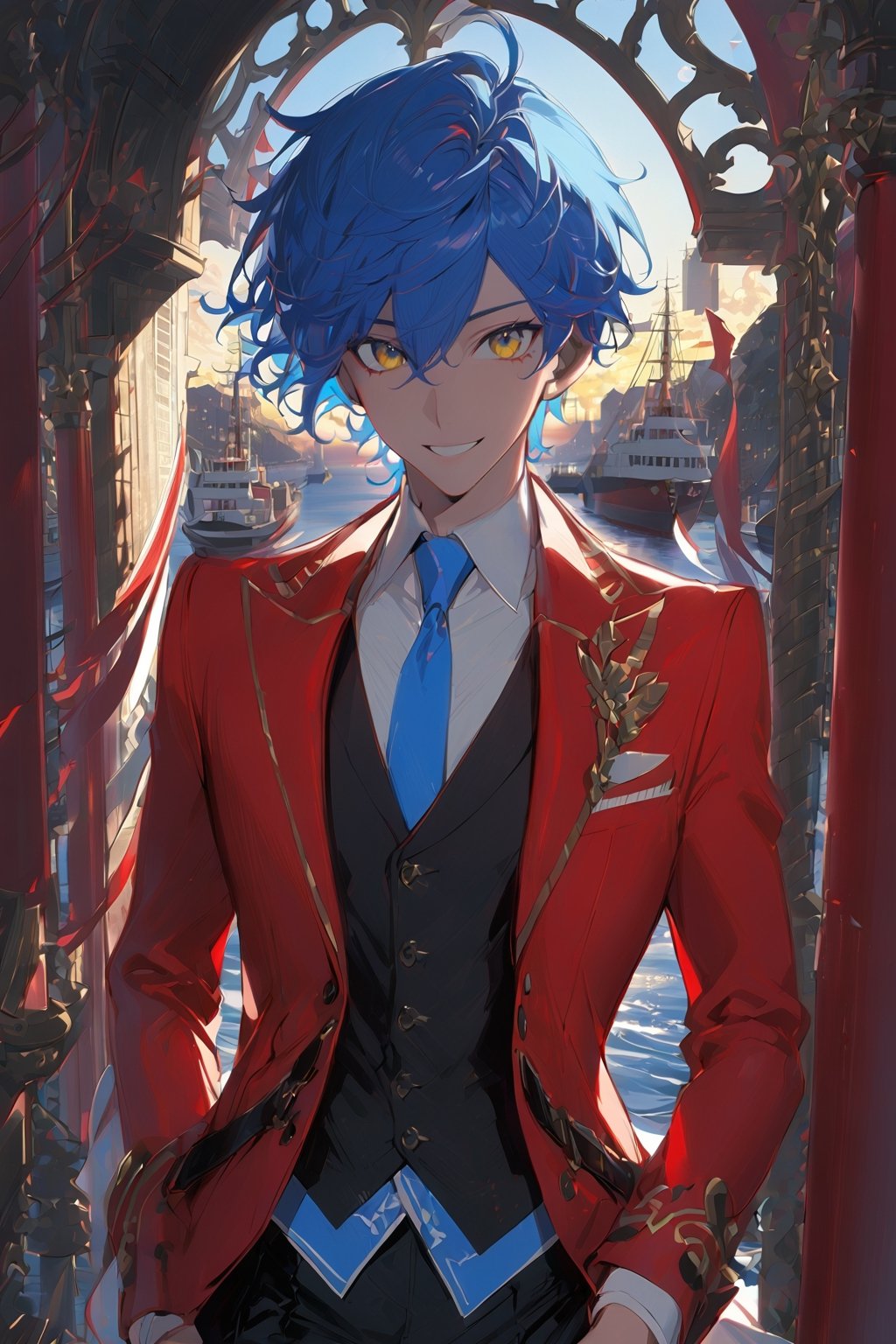 1 boy, alone, short hair, blue hair, wavy hair, pixie cut, bangs, yellow eyes, smile, red suit, red jacket, black vest, white shirt, black pants, blue tie, decorated clothes, perfect light, port, niji5, cowboy shot