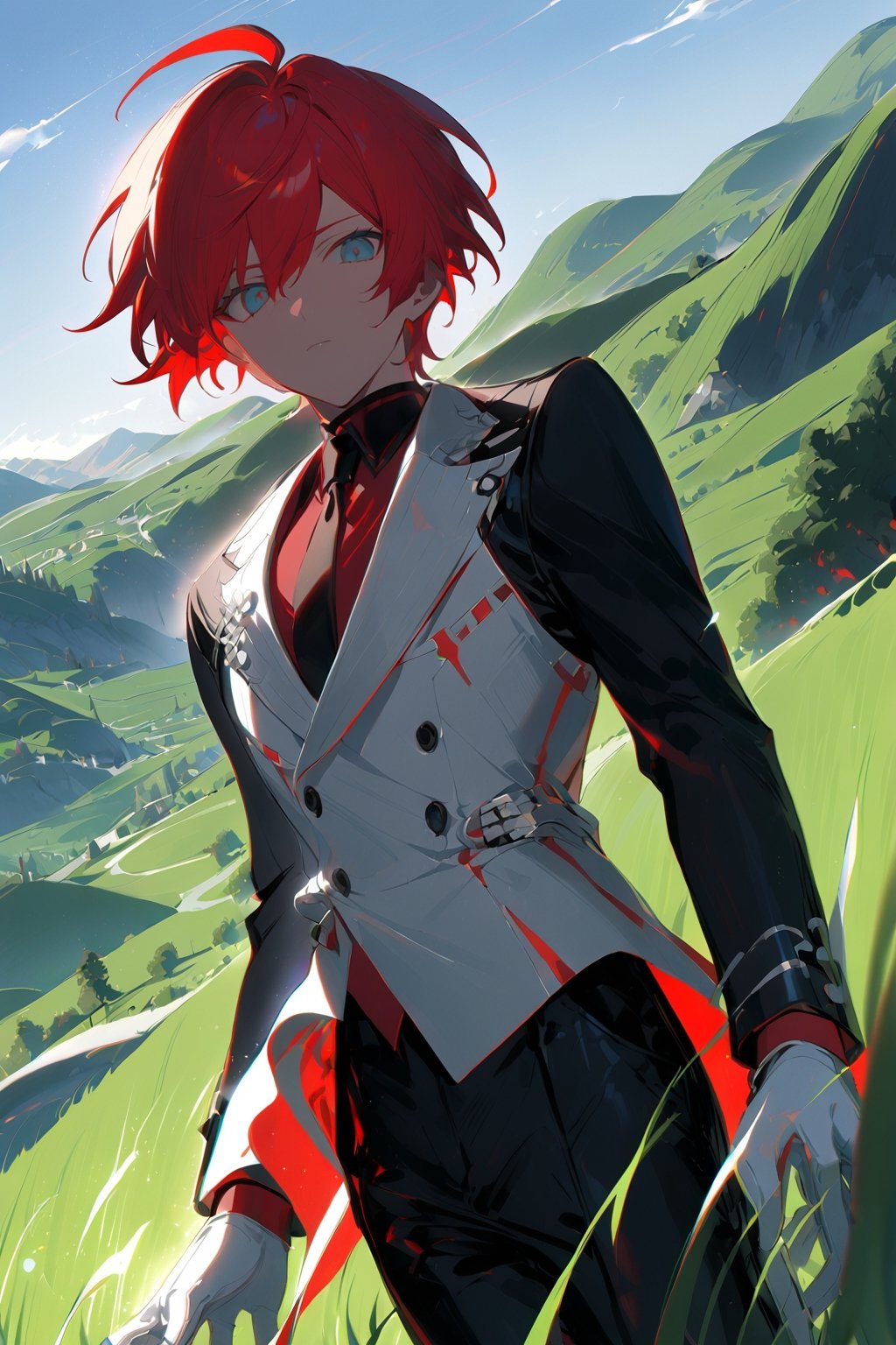 1 boy, alone, short hair, red hair, pixie cut, bangs, ahoge, gray eyes, expressionless, black suit, black tie, black jacket, white vest, red shirt, black pants, white gloves, decorated clothes, perfect light, hills, green grass,niji5, from below