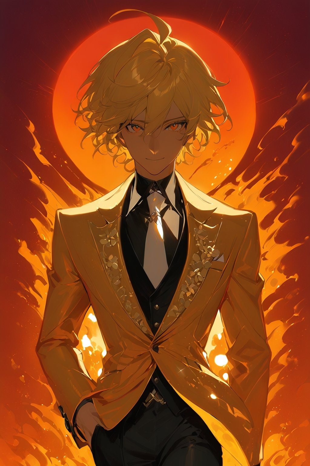 1 boy, alone, short hair, blonde hair, wavy hair, pixie cut, bangs, ahoge, orange eyes, smile, gold suit, gold jacket, black vest, black shirt, black pants, white tie, decorated clothes, perfect light, sun, red sky, niji5, cowboy shot