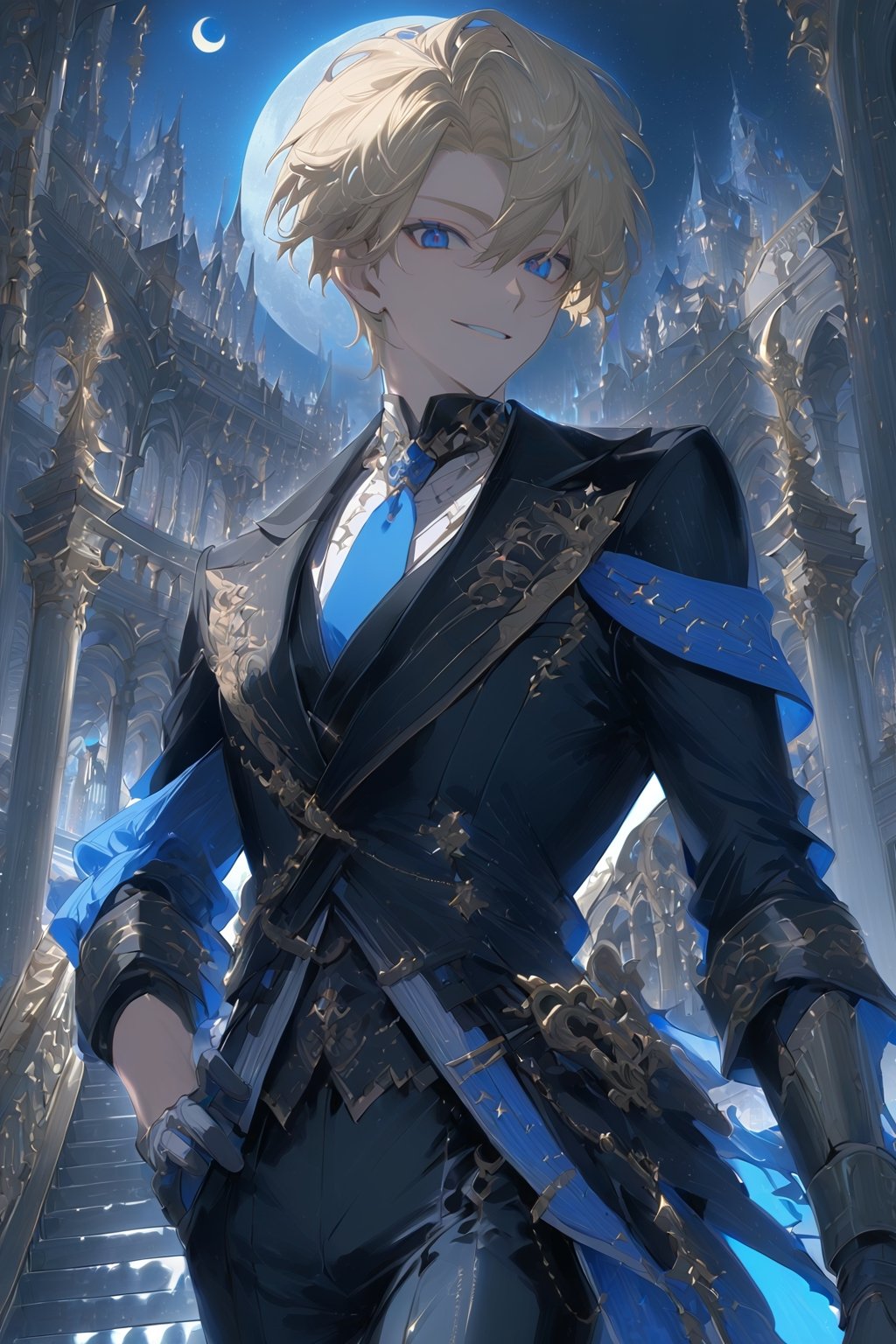 1 boy, alone, short hair, pale blonde hair, pixie cut, hair open forehead, dark blue eyes, smile, black suit, blue tie, black jacket, gray vest, white shirt, black pants, gray gloves, decorated clothing, light perfect, palace, night city, moon, niji5, cowboy shot