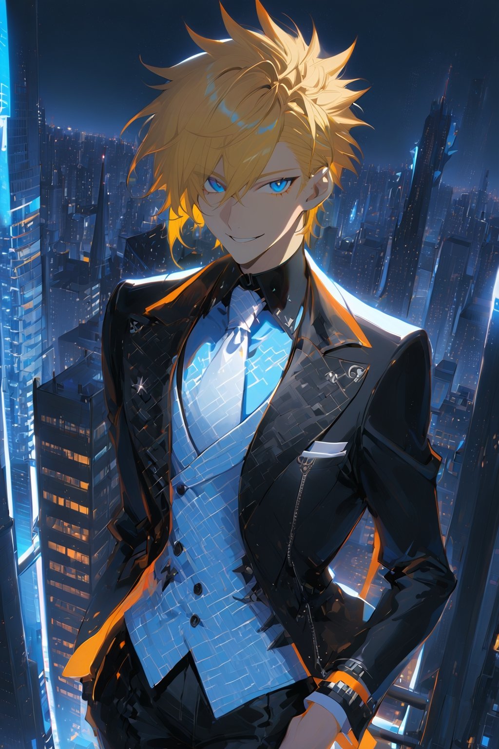 1 boy, alone, short hair, blonde hair, spiked hair, pixie cut, bangs, pale blue eyes, smile, black suit, black jacket, white vest, orange shirt, black pants, white tie, decorated clothes, perfect light, city , at night, niji5, cowboy shot