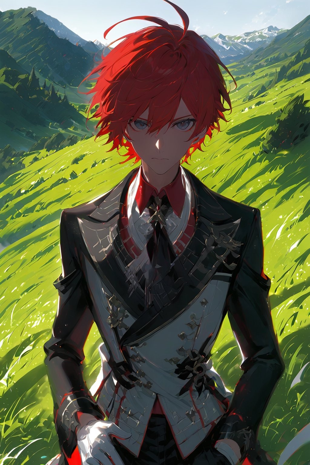 1 boy, alone, short hair, red hair, pixie cut, bangs, ahoge, gray eyes, expressionless, black suit, black tie, black jacket, white vest, red shirt, black pants, white gloves, decorated clothes, perfect light, hills, green grass,niji5