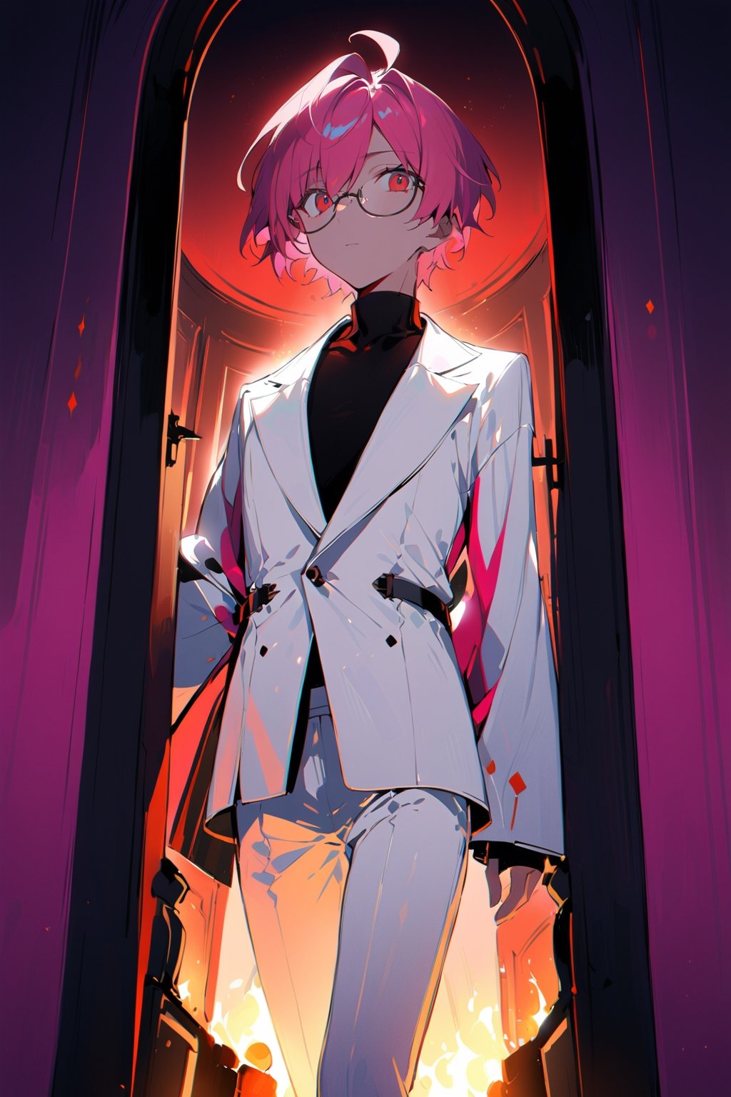 1 boy, alone, ((short hair)), pink hair, bangs, ahoge, red eyes, expressionless, glasses, white suit, white jacket, black shirt, white pants, decorated clothes, perfect light, fireplace, from below