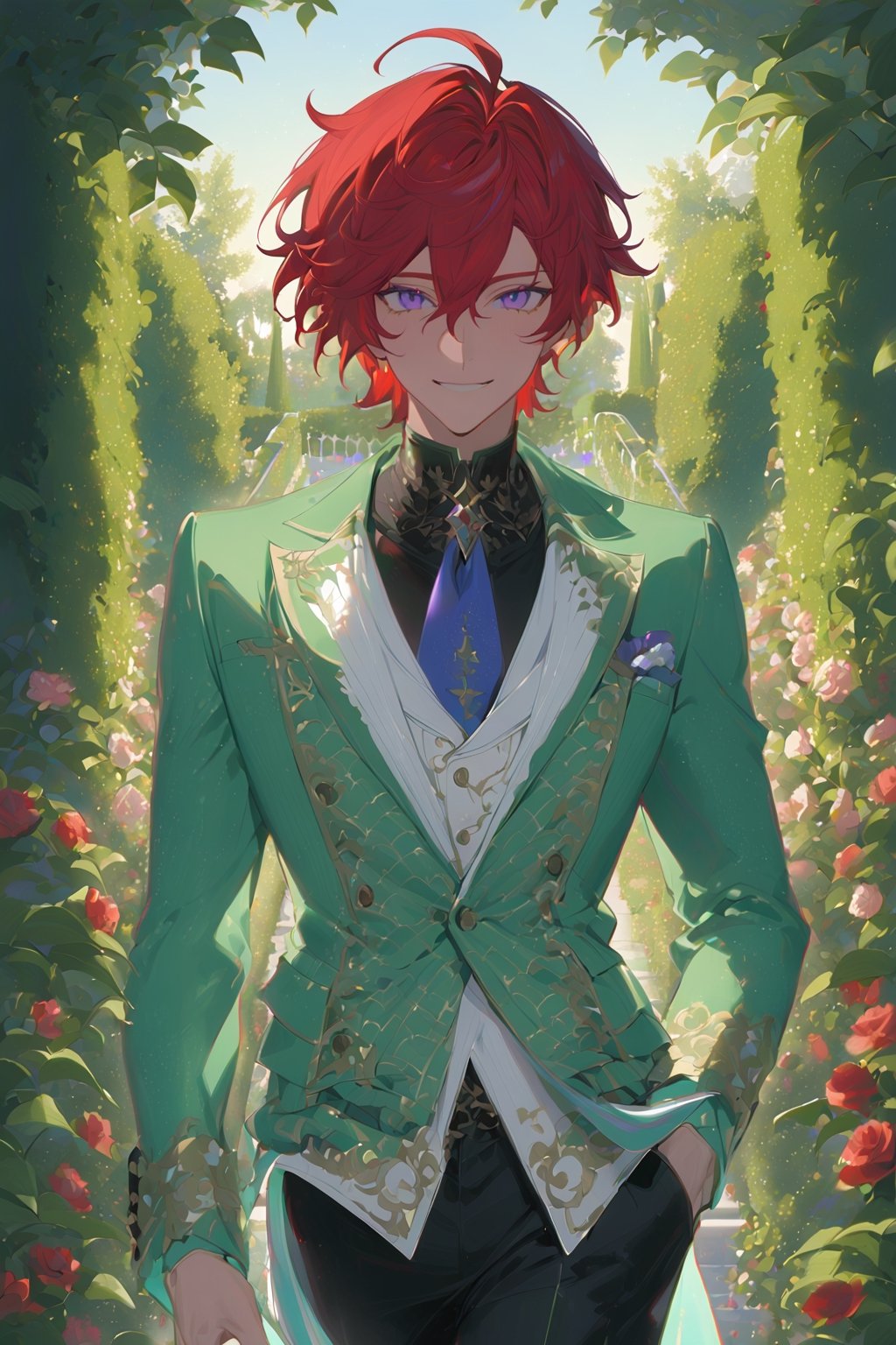 1 boy, alone, short hair, red hair, wavy hair, pixie cut, bangs, ahoge, purple eyes, smile, green suit, green jacket, white vest, black shirt, black pants, blue tie, decorated clothes, perfect light, rose garden, niji5, cowboy shot