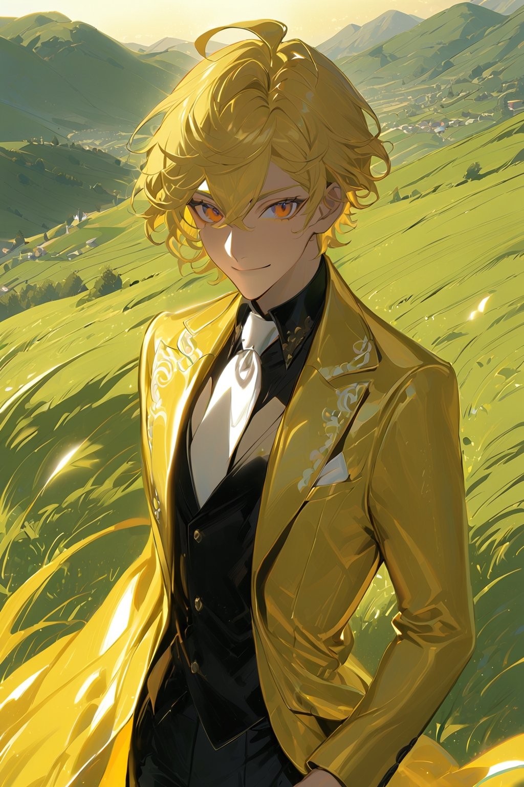 1 boy, alone, short hair, blonde hair, wavy hair, pixie cut, bangs, ahoge, orange eyes, smile, gold suit, gold jacket, black vest, black shirt, black pants, white tie, decorated clothes, perfect light, hills, green grass, niji5, cowboy shot