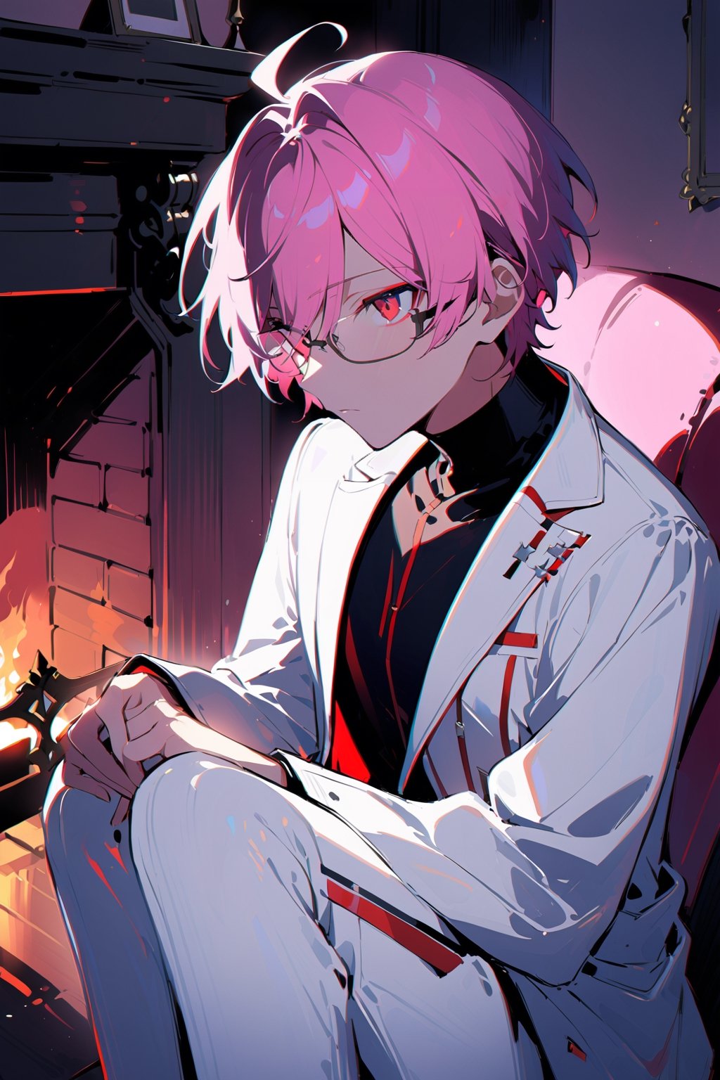 1 boy, alone, ((short hair)), pink hair, bangs, ahoge, red eyes, expressionless, glasses, white suit, white jacket, black shirt, white pants, decorated clothes, perfect light, fireplace