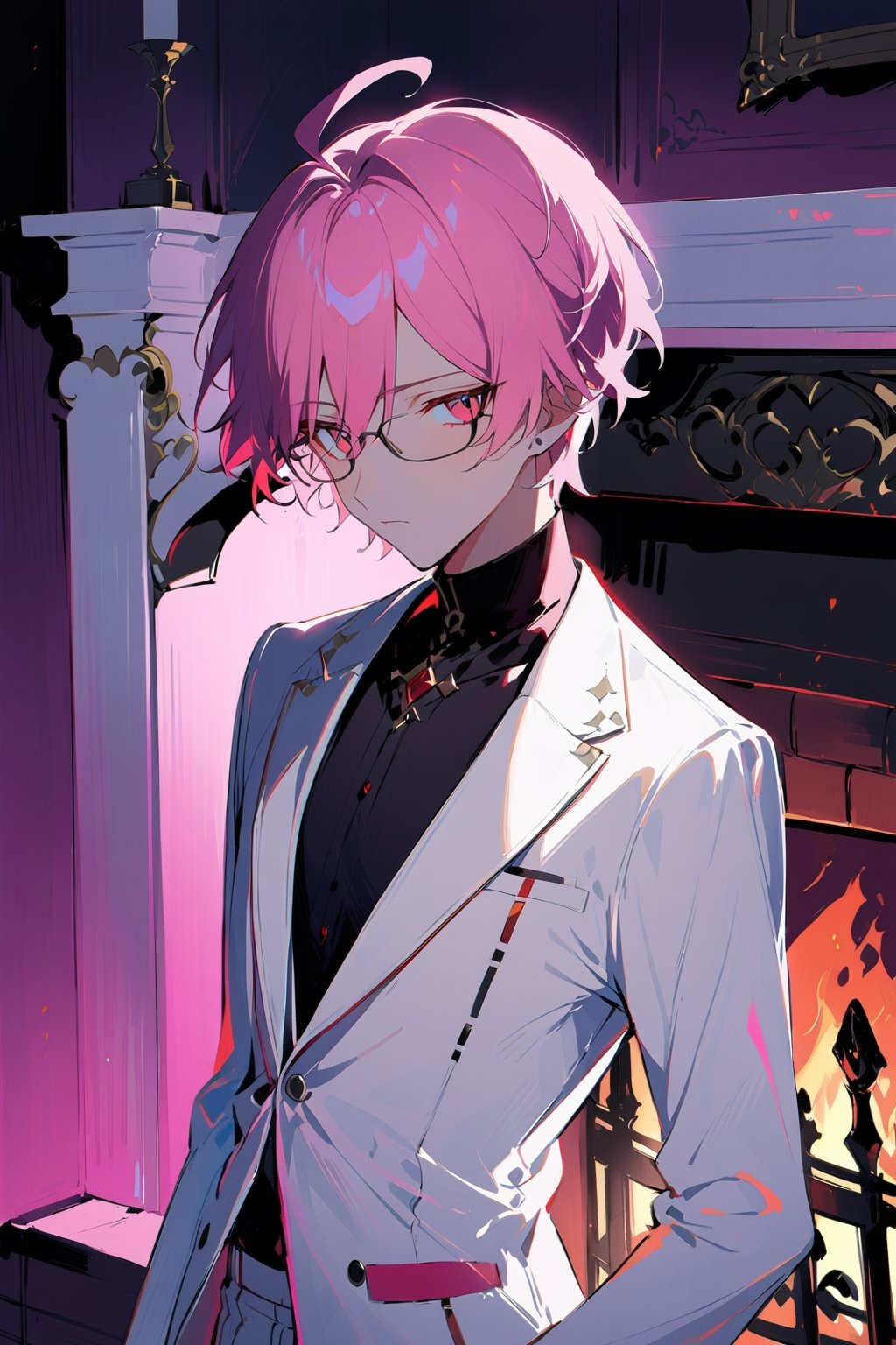 1 boy, alone, ((short hair)), pink hair, bangs, ahoge, red eyes, expressionless, glasses, white suit, white jacket, black shirt, white pants, decorated clothes, perfect light, fireplace