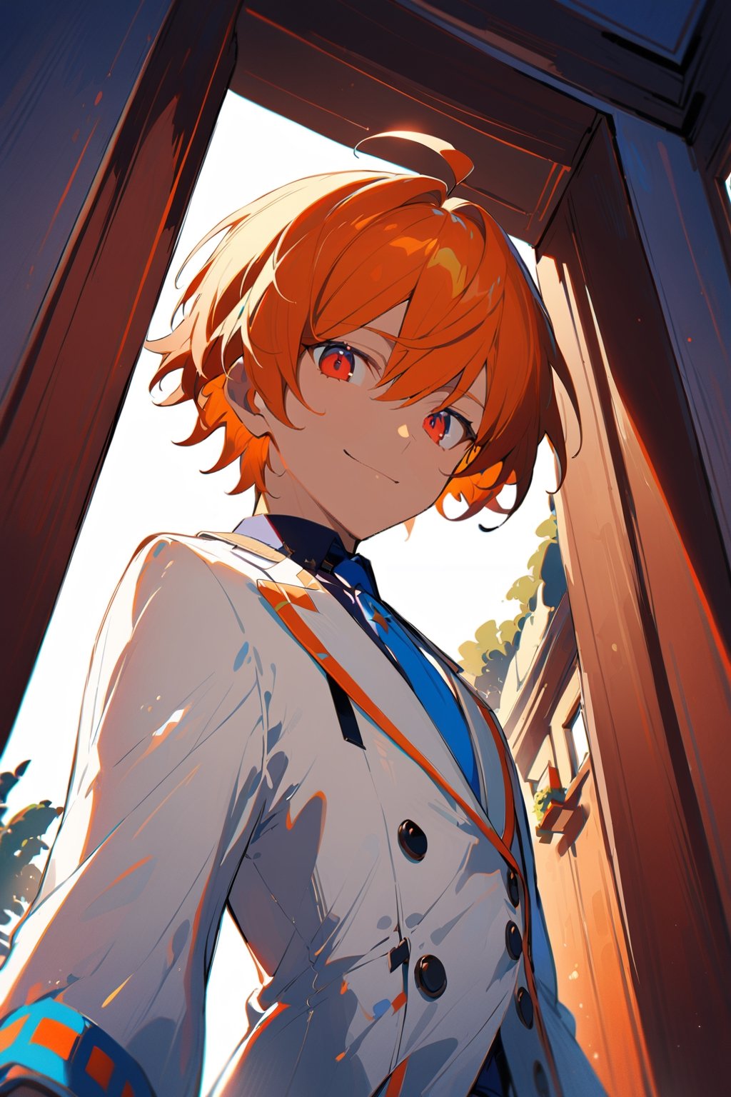 1 boy, alone, ((short hair)), orange hair, swept bangs, ahoge, red eyes, smile, white suit, white jacket, dark blue shirt, blue tie, white pants, decorated clothes, perfect light, Ogareña house, chimney, from below