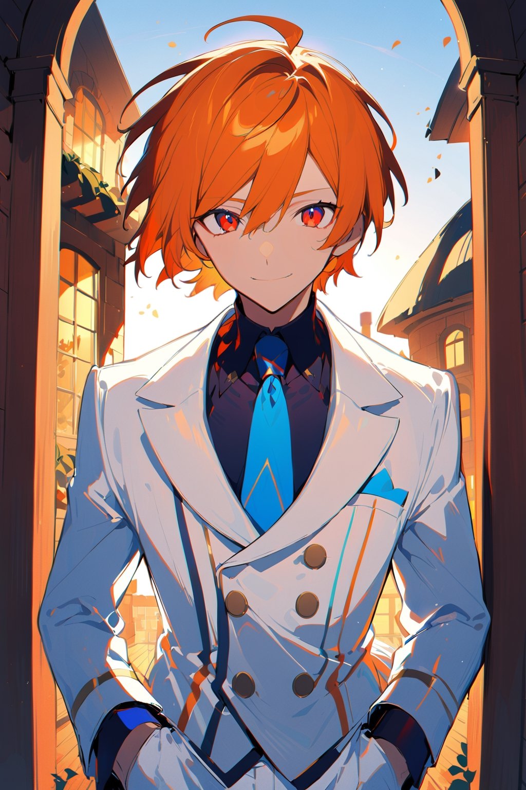 1 boy, alone, ((short hair)), orange hair, swept bangs, ahoge, red eyes, smile, white suit, white jacket, dark blue shirt, blue tie, white pants, decorated clothes, perfect light, Ogareña house, chimney