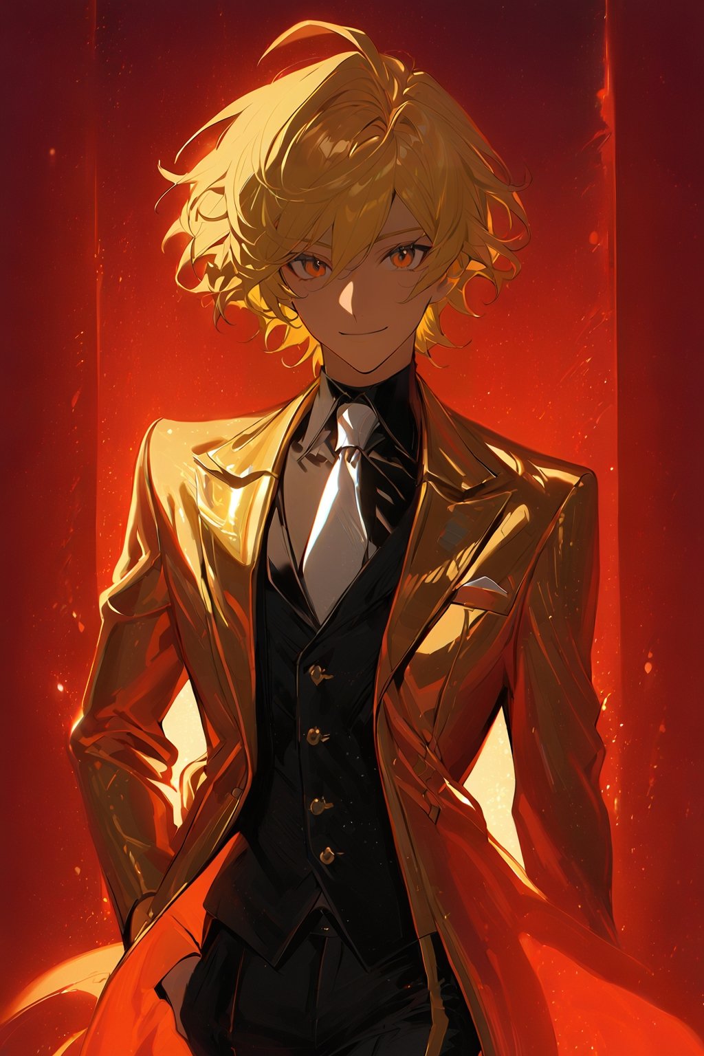 1 boy, alone, short hair, blonde hair, wavy hair, pixie cut, bangs, ahoge, orange eyes, smile, gold suit, gold jacket, black vest, black shirt, black pants, white tie, decorated clothes, perfect light, red sky, niji5, cowboy shot