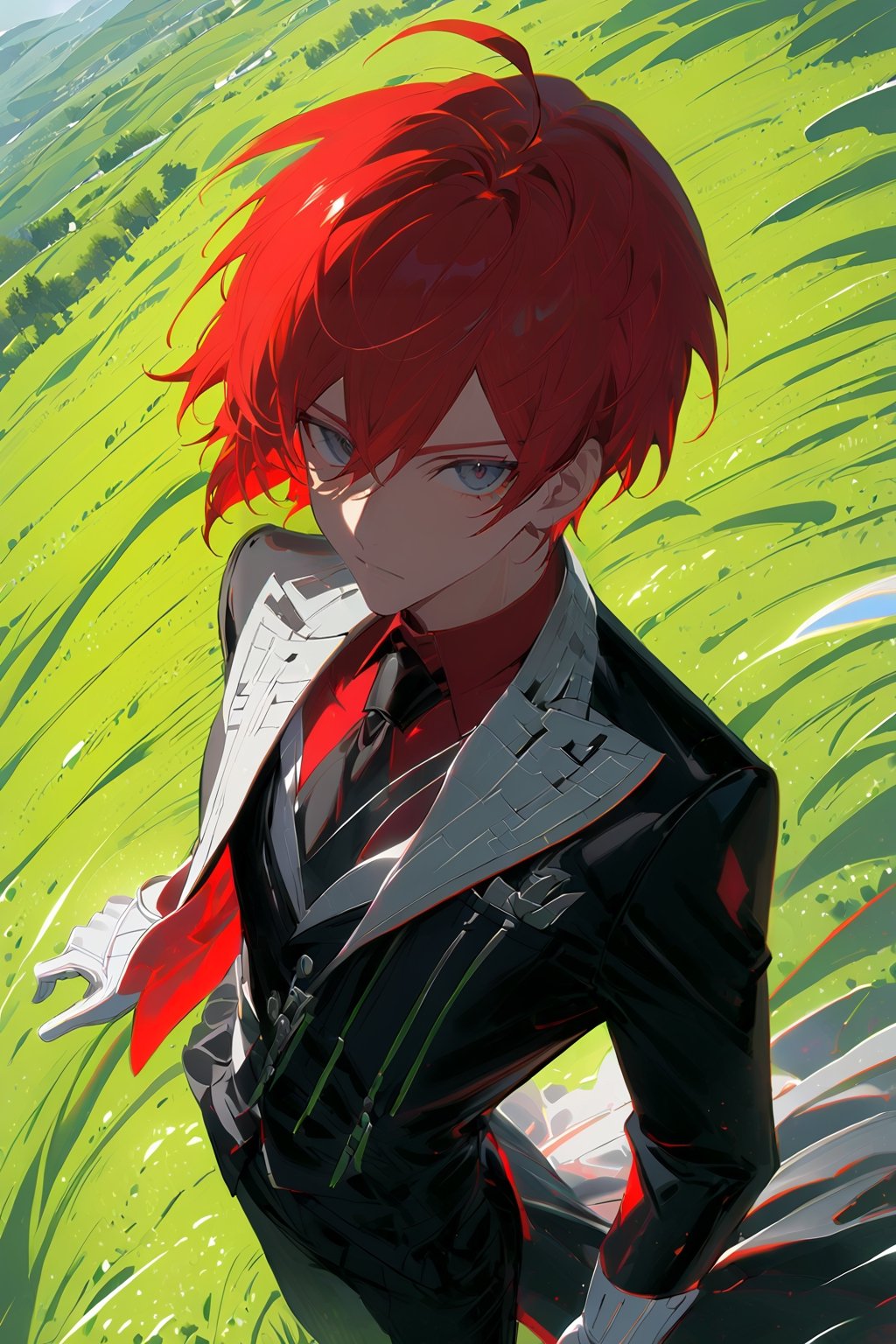 1 boy, alone, short hair, red hair, pixie cut, bangs, ahoge, gray eyes, expressionless, black suit, black tie, black jacket, white vest, red shirt, black pants, white gloves, decorated clothes, perfect light, hills, green grass,niji5, from above