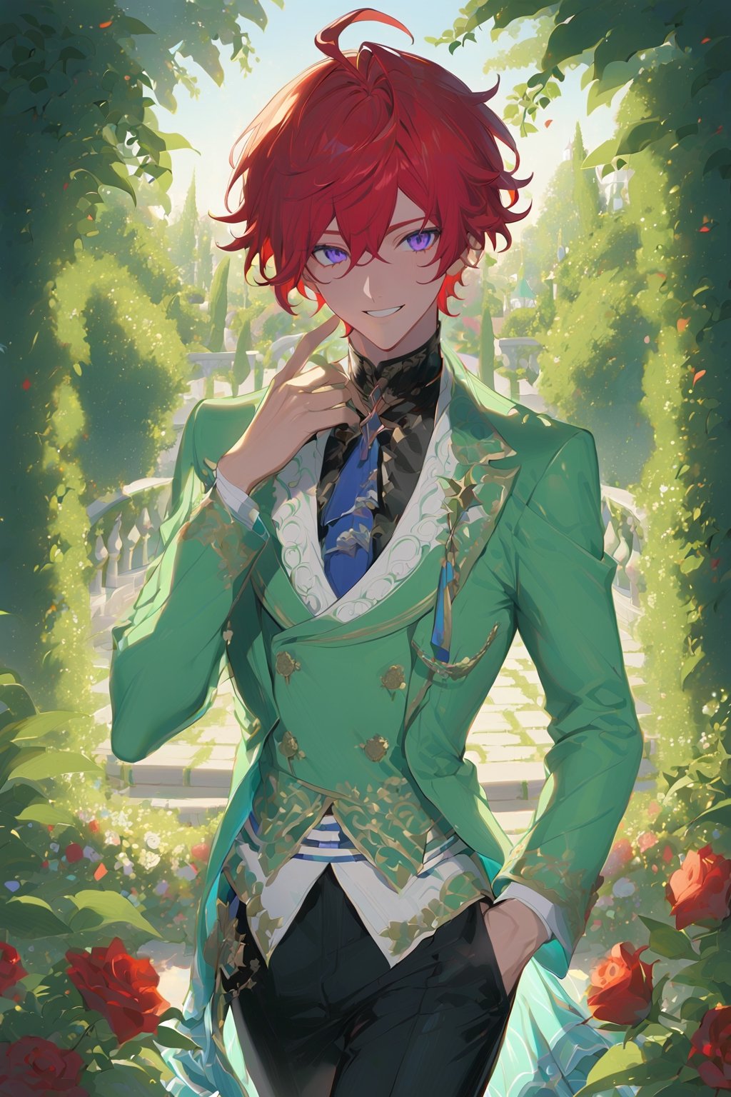 1 boy, alone, short hair, red hair, wavy hair, pixie cut, bangs, ahoge, purple eyes, smile, green suit, green jacket, white vest, black shirt, black pants, blue tie, decorated clothes, perfect light, rose garden, niji5, cowboy shot