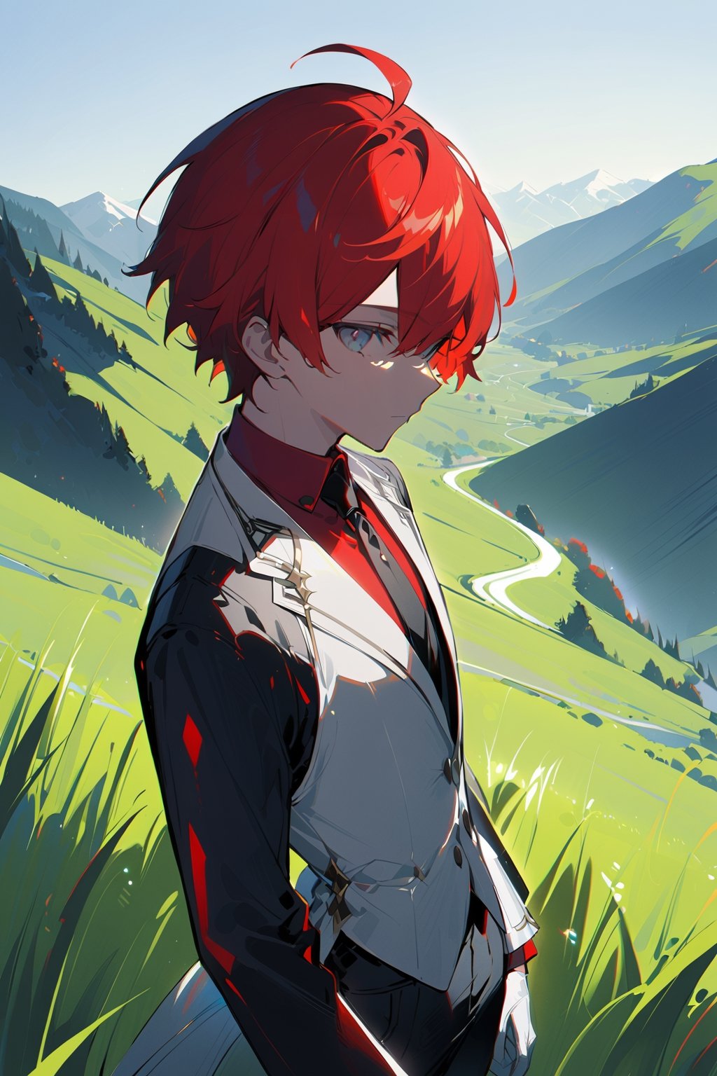 1 boy, alone, short hair, red hair, pixie cut, bangs, ahoge, gray eyes, expressionless, black suit, black tie, black jacket, white vest, red shirt, black pants, white gloves, decorated clothes, perfect light, hills, green grass