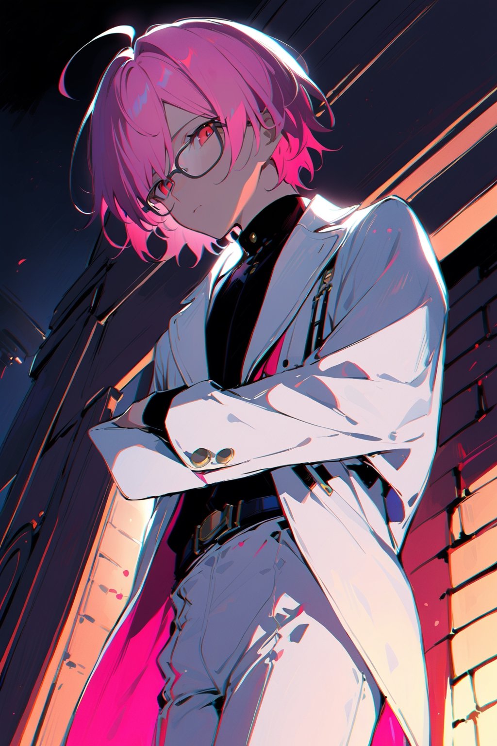 1 boy, alone, ((short hair)), pink hair, bangs, ahoge, red eyes, expressionless, glasses, white suit, white jacket, black shirt, white pants, decorated clothes, perfect light, fireplace, from below