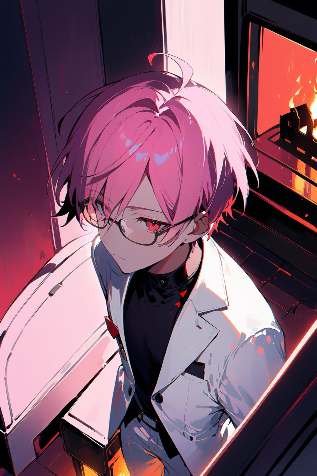 1 boy, alone, ((short hair)), pink hair, bangs, ahoge, red eyes, expressionless, glasses, white suit, white jacket, black shirt, white pants, decorated clothes, perfect light, fireplace, from above