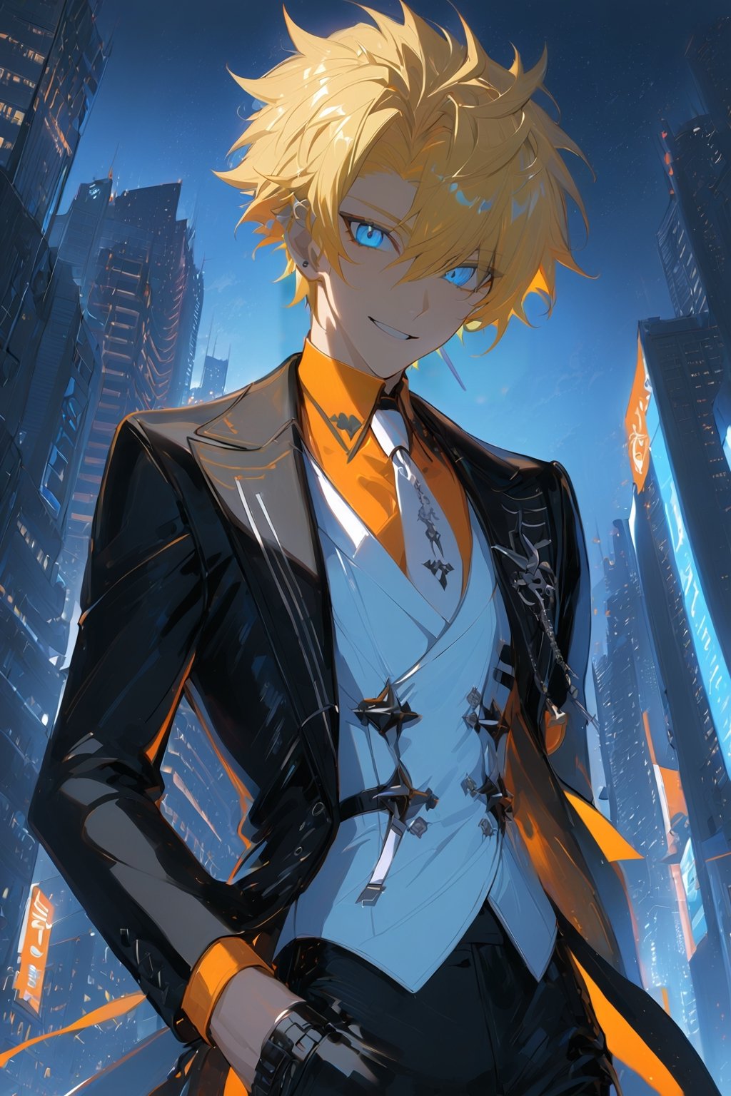 1 boy, alone, short hair, blonde hair, spiked hair, pixie cut, bangs, pale blue eyes, smile, black suit, black jacket, white vest, orange shirt, black pants, white tie, decorated clothes, perfect light, city , at night, niji5, cowboy shot