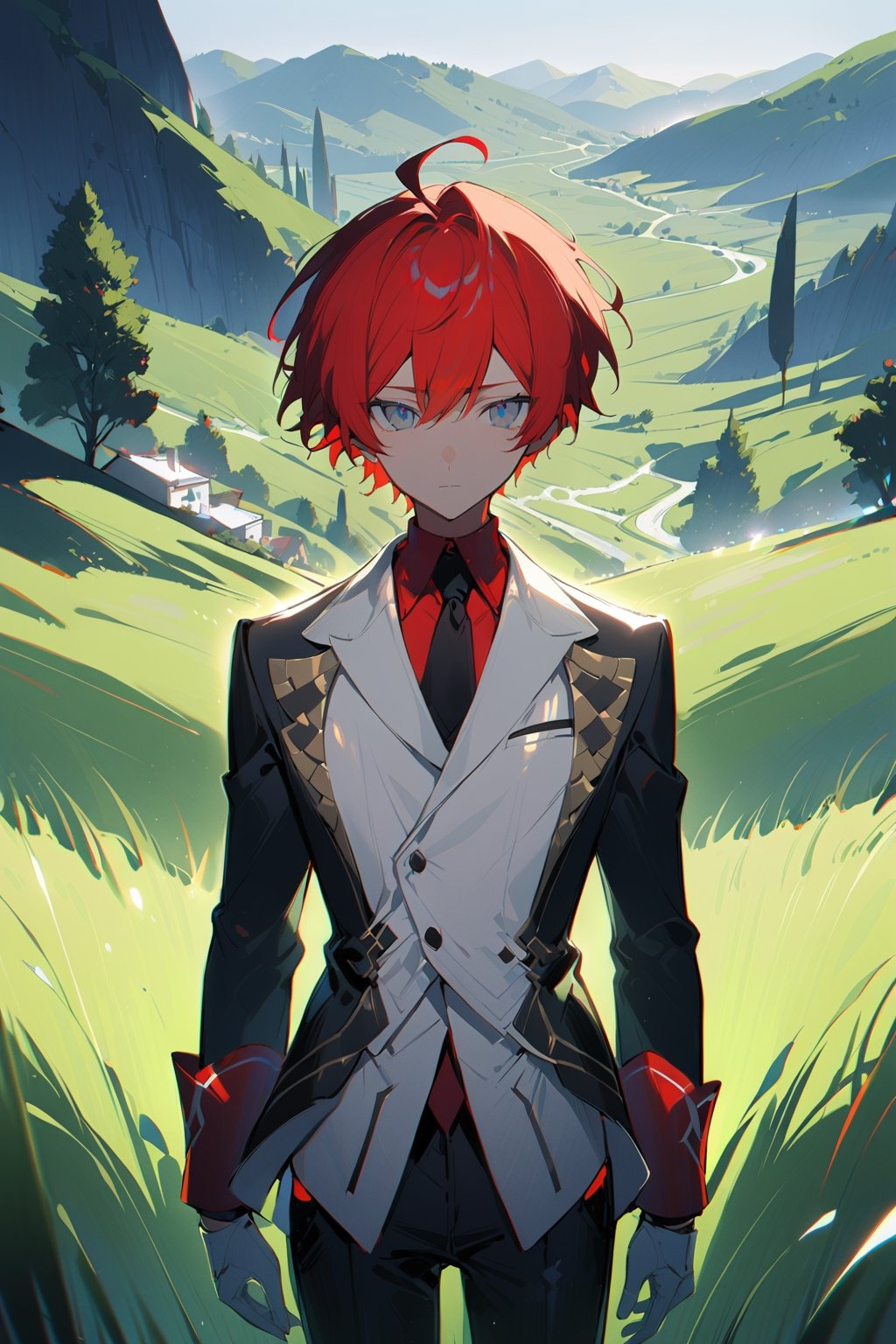 1 boy, alone, short hair, red hair, pixie cut, bangs, ahoge, gray eyes, expressionless, black suit, black tie, black jacket, white vest, red shirt, black pants, white gloves, decorated clothes, perfect light, hills, green grass