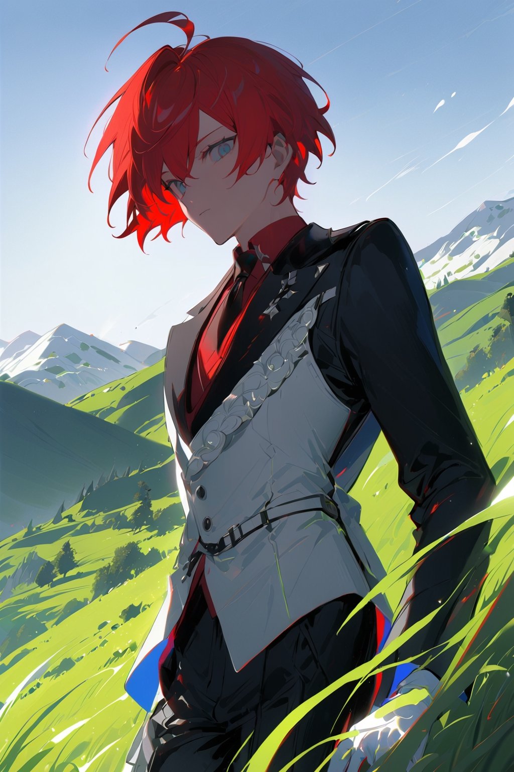 1 boy, alone, short hair, red hair, pixie cut, bangs, ahoge, gray eyes, expressionless, black suit, black tie, black jacket, white vest, red shirt, black pants, white gloves, decorated clothes, perfect light, hills, green grass,niji5, from below