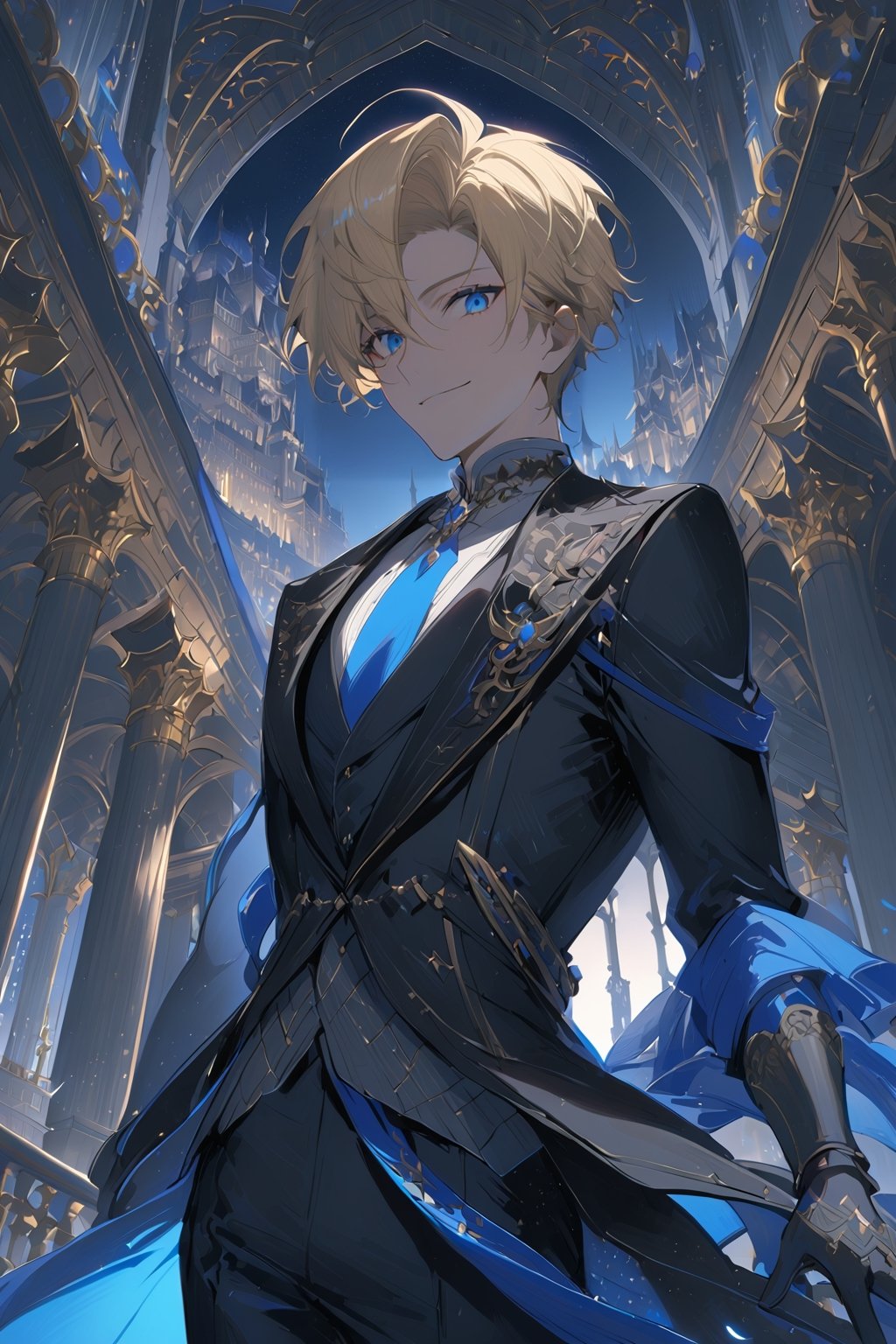 1 boy, alone, short hair, pale blonde hair, pixie cut, hair open forehead, dark blue eyes, smile, black suit, blue tie, black jacket, gray vest, white shirt, black pants, gray gloves, decorated clothing, light perfect, palace, night city, moon, niji5, cowboy shot