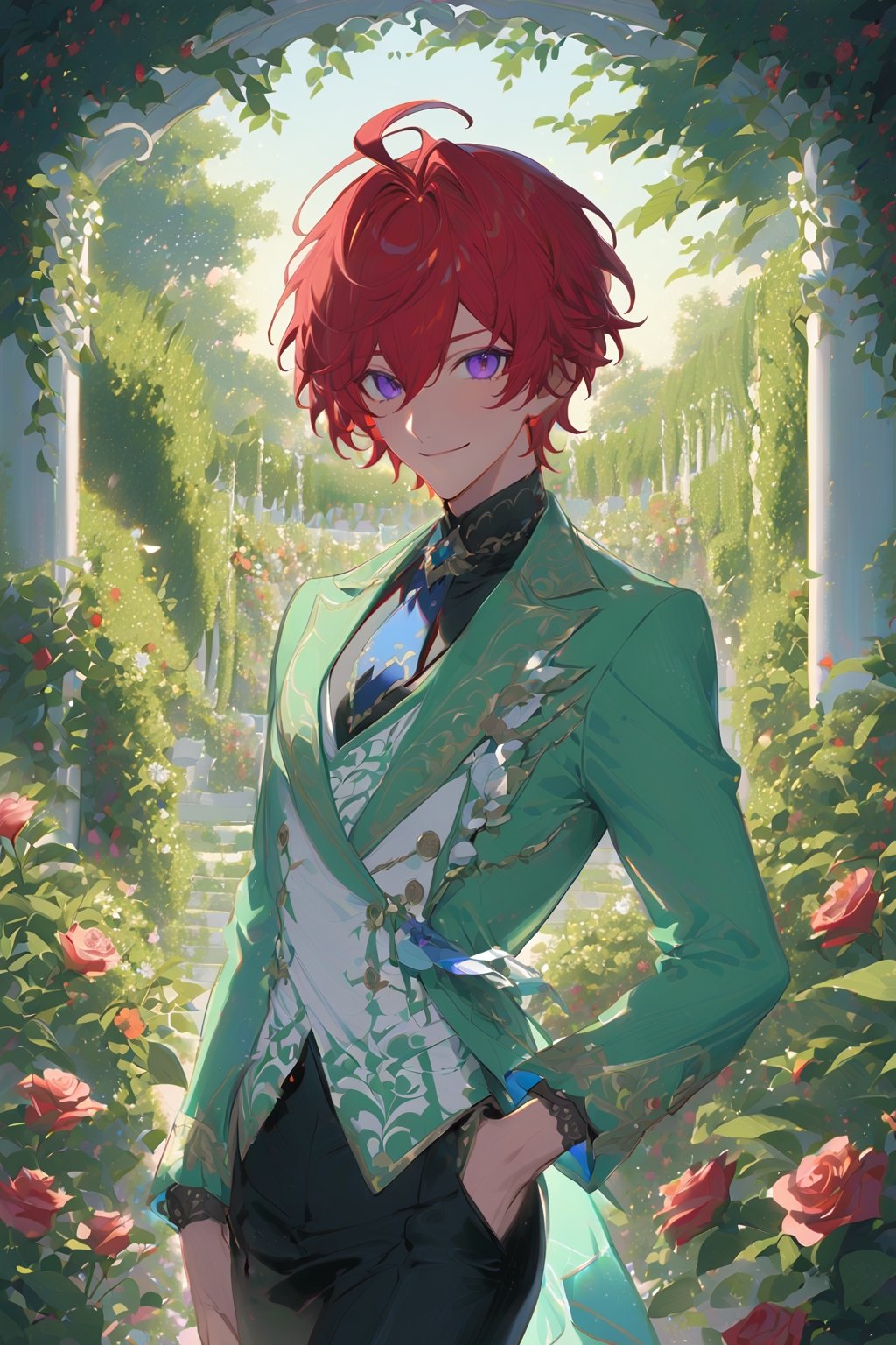 1 boy, alone, short hair, red hair, wavy hair, pixie cut, bangs, ahoge, purple eyes, smile, green suit, green jacket, white vest, black shirt, black pants, blue tie, decorated clothes, perfect light, rose garden, niji5, cowboy shot