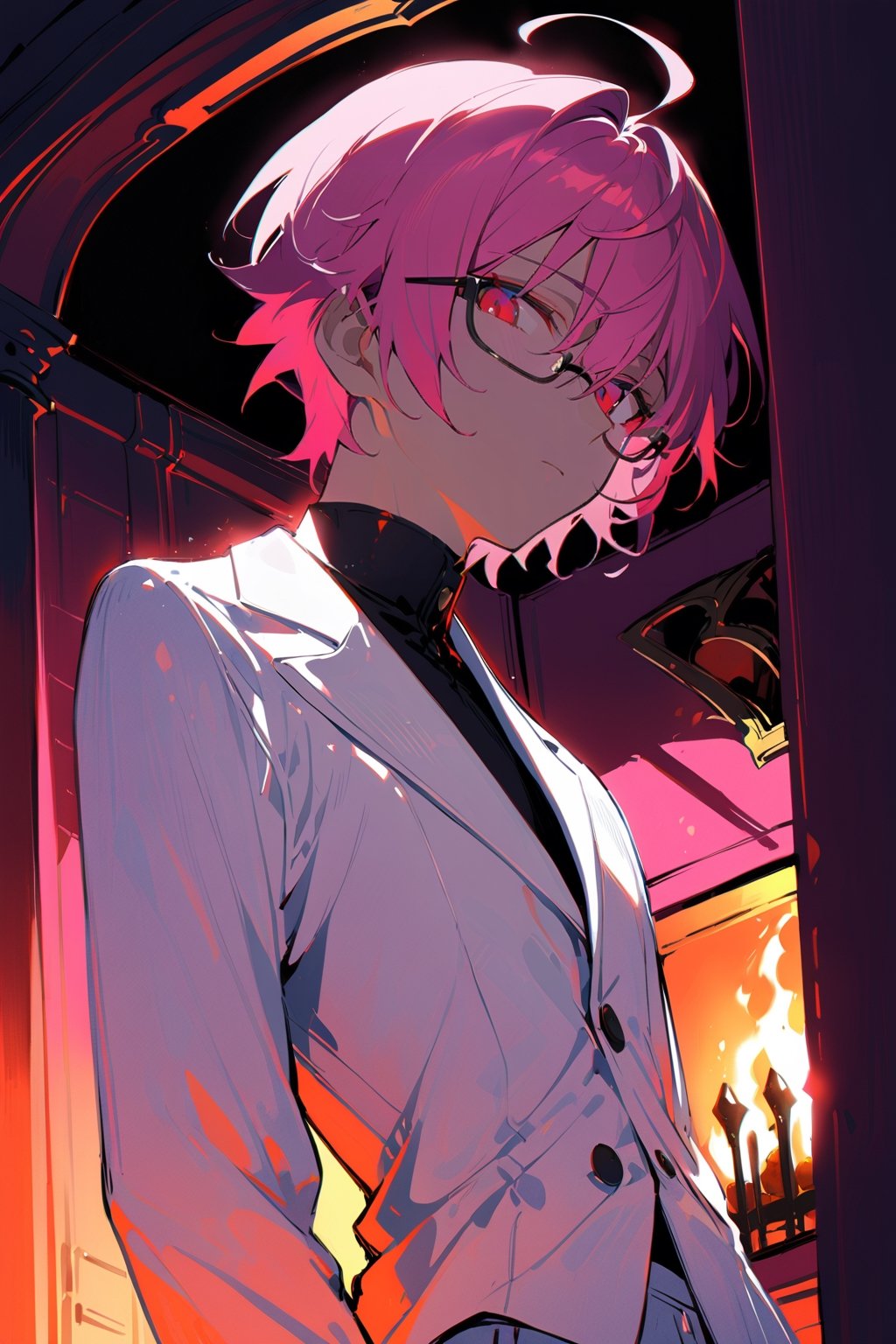 1 boy, alone, ((short hair)), pink hair, bangs, ahoge, red eyes, expressionless, glasses, white suit, white jacket, black shirt, white pants, decorated clothes, perfect light, fireplace, from below