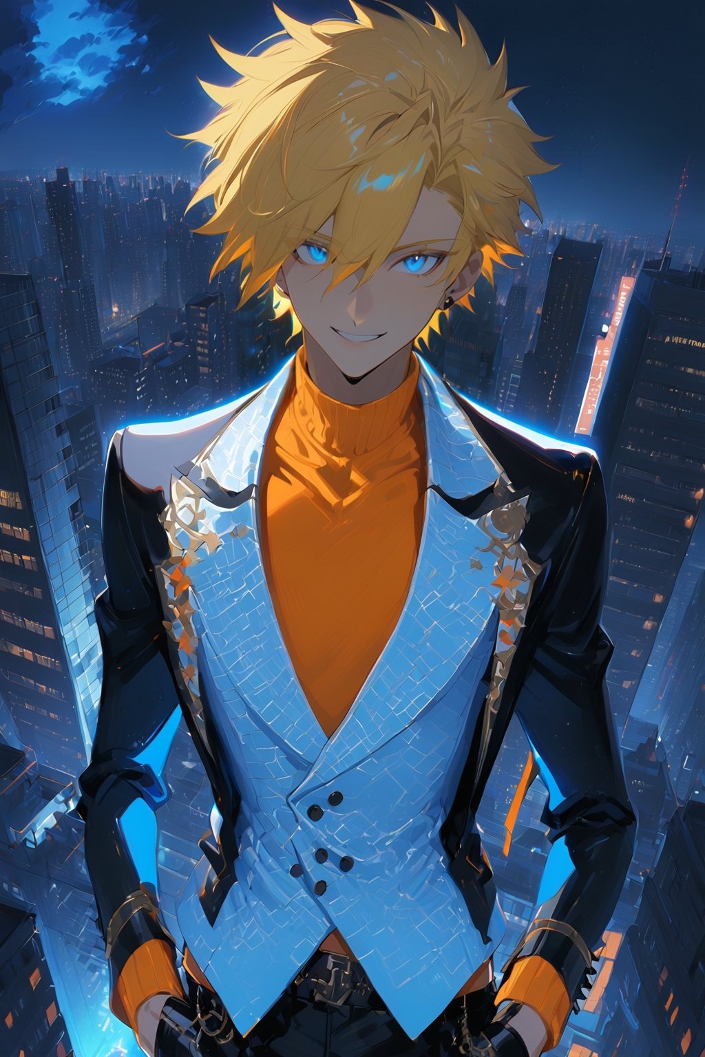 1 boy, alone, short hair, blonde hair, spiked hair, pixie cut, bangs, pale blue eyes, smile, black suit, black jacket, white vest, orange shirt, black pants, no tie, decorated clothes, perfect light, city , at night, niji5, cowboy shot