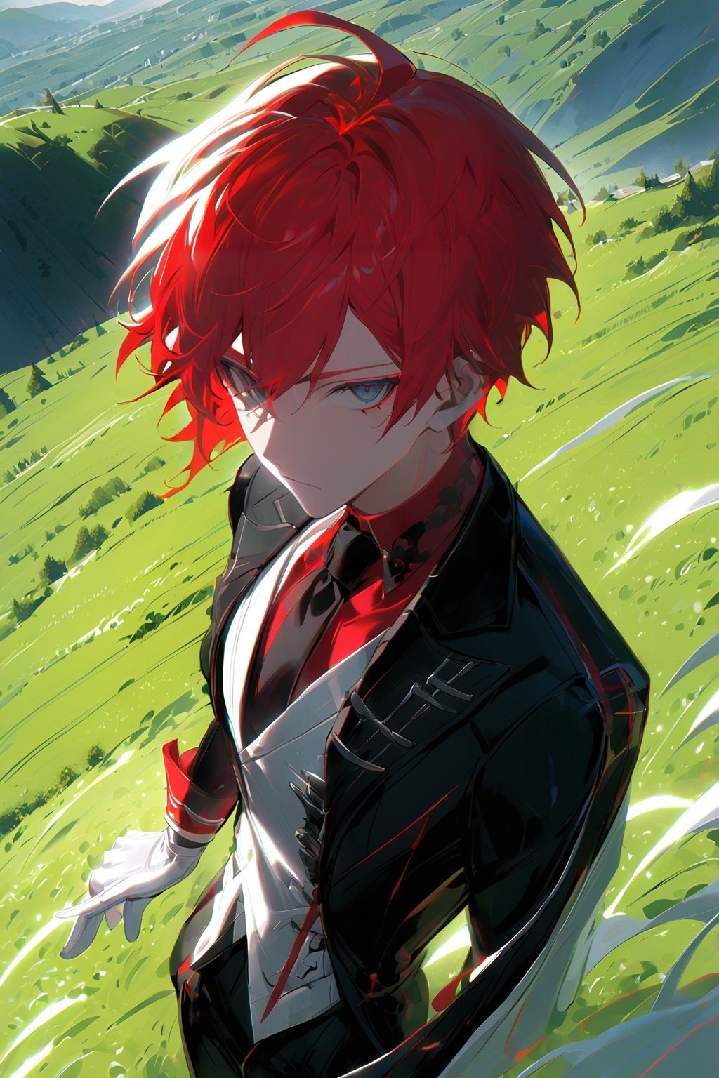 1 boy, alone, short hair, red hair, pixie cut, bangs, ahoge, gray eyes, expressionless, black suit, black tie, black jacket, white vest, red shirt, black pants, white gloves, decorated clothes, perfect light, hills, green grass,niji5, from above