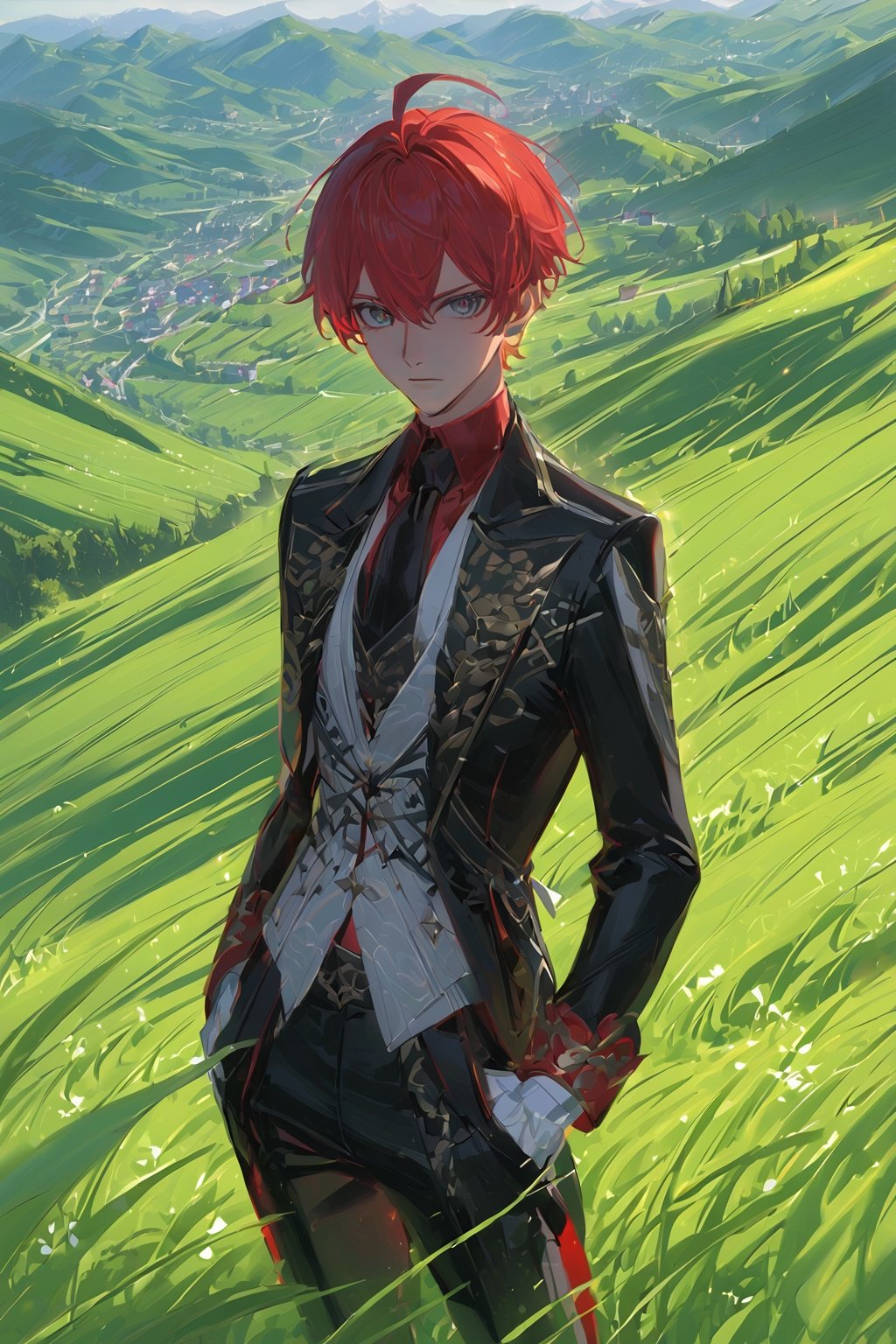 1 boy, alone, short hair, red hair, pixie cut, bangs, ahoge, gray eyes, expressionless, black suit, black tie, black jacket, white vest, red shirt, black pants, white gloves, decorated clothes, perfect light, hills, green grass,niji5