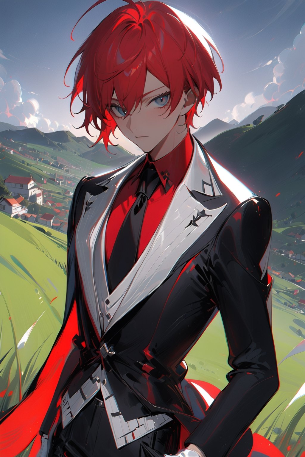 1 boy, alone, short hair, red hair, pixie cut, bangs, ahoge, gray eyes, expressionless, black suit, black tie, black jacket, white vest, red shirt, black pants, white gloves, decorated clothes, perfect light, hills, green grass,niji5