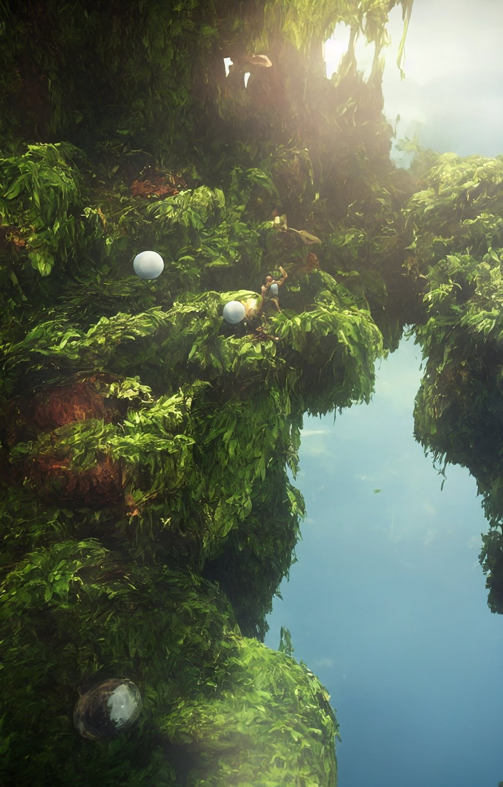 (best quality), (4k resolution), creative illustration of a miniature world on a white pedestal. The world is a green sphere with various natural and artificial elements. There is a river, trees, mountains, and a small house on the sphere. The image has a minimalist style with a light color palette that creates a contrast with the white background. The image gives a sense of wonder and curiosity about the tiny world and its inhabitants.,ff14bg,High detailed