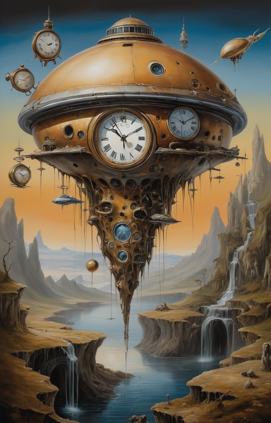 high quality, highly detailed, fantasy, At the forefront of this enchanting scene stands This surrealistic painting features melting clocks draped over various objects computer, spaceship, Salvador Dalis face, in a dreamlike landscape. Its distorted reality and unsettling beauty in the style of Leonardo Davinchi