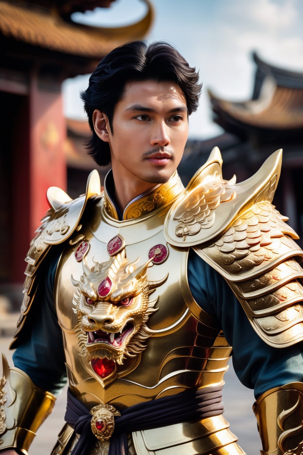 In front of me stands a strikingly handsome Vietnamese lord, his short black hair adorned with white highlights. He is dressed in a regal golden dragon armor, which perfectly complements his chiseled features. In his right hand, he wields a large lion shield, a symbol of his strength and courage. His left hand grips a curved sword, its hilt encrusted with a sparkling ruby, a testament to his wealth and power. A fierce red eastern dragon stands beside him, its scales shimmering in the glare of the sun. The dragon exhales a fiery breath, a clear sign of its loyalty and allegiance to the man.