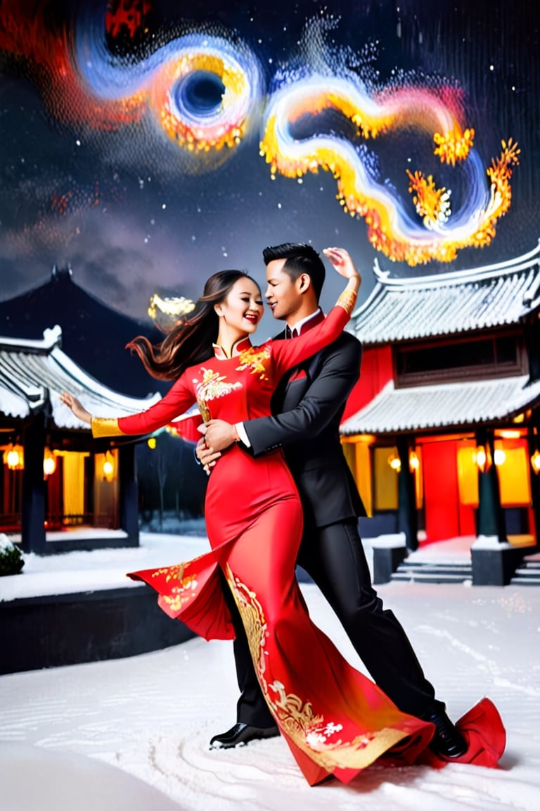 An outline of a Vietnamese couple dancing under a dark night sky in snow, with a black background, in the style of light painting art. The woman wears a red and gold ao dai, while the man wears a black suit.