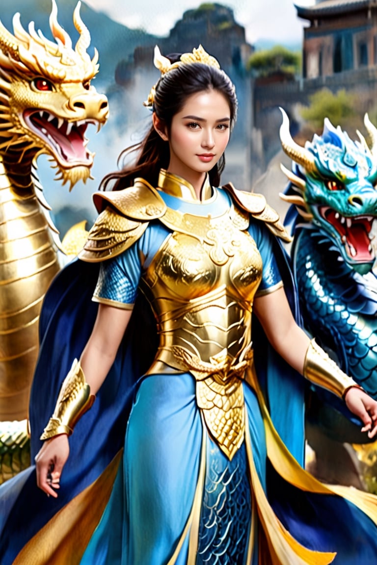 The female warriors of Olympus stood ready for battle, their weapons and armor at the ready. One of them wore a blue ao dai with gold armor adorned with a dragon pattern covered in gold.The other warriors looked on with respect and admiration, knowing that their comrade was a skilled fighter and a fierce ally. As they prepared to face their enemy, they knew that they would fight with honor and courage, just as their ancestors had done before them. Their spirits were strong, their minds focused, and their hearts filled with determination. They were the protectors of Olympus, and they would defend their home at any cost.