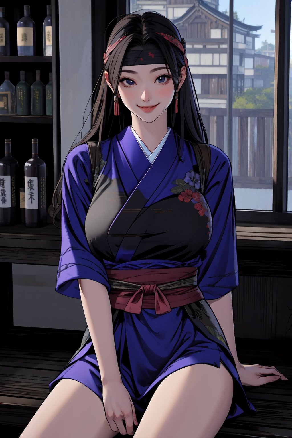 {best quality},{{masterpiece}},illustration,portrait,solo,masterpiece,best quality,black hair,long hair,headband,japanese clothes,japanese armor,muneate,large_breast,incredibly absurdres,highres,high detail eyes,sitting,window,smile,indoors,bar,sake,Samurai Warriors 5,hand on thigh,game cg,Gugu,fcloseup