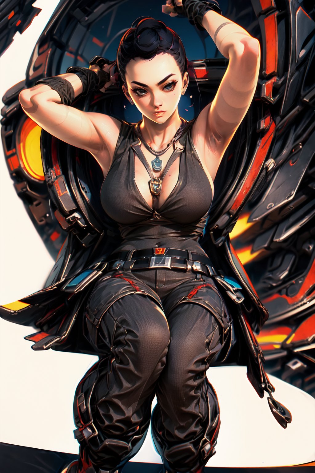 solo,(masterpiece),illustration,8k,ray tracing,finely detailed,best detailed,Clear picture,

black hair,short hair,large_breast,cleavage,fingerless_glove,thick-thighs,necklace,boots,muscular,tattoo,belt,armpit,cleavage,navel

,groin focus,low-angle_shot,sitting on objet,(masterpiece, best quality, absurdresm, absurdres,highres